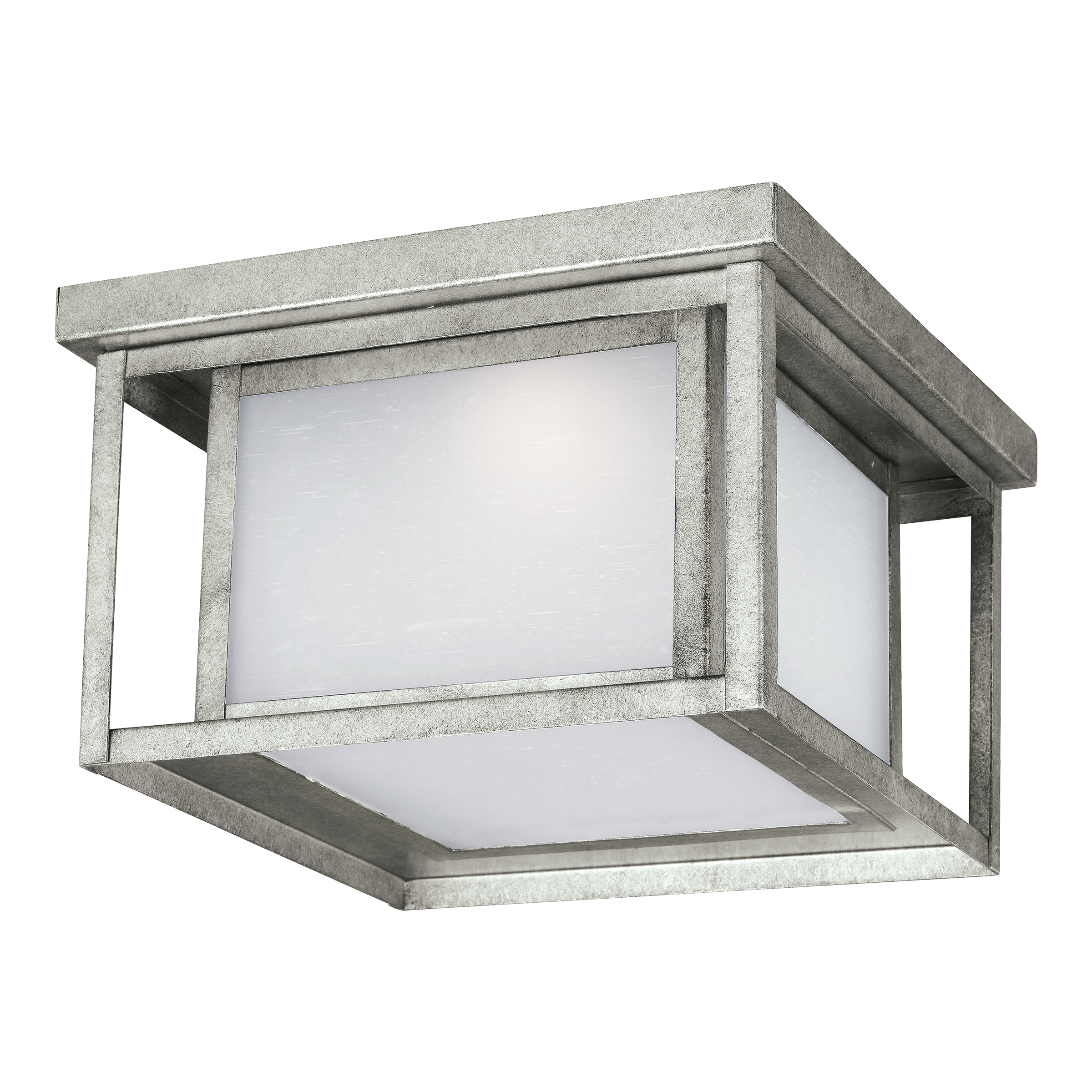 Hunnington Square Flush Mount in Weathered Pewter with Etched Seeded Glass Panels Dedicated LED