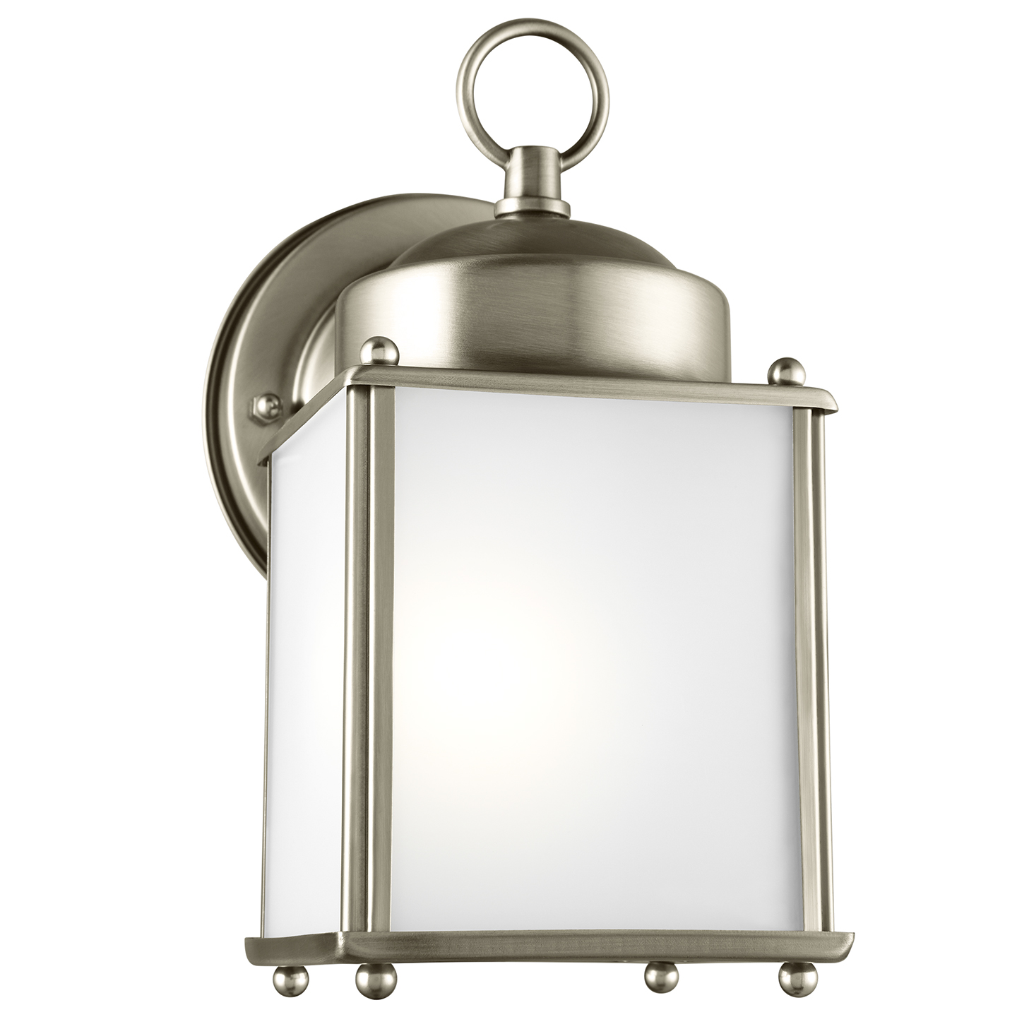 New Castle One Light Small Outdoor Wall Lantern Satin Etched Glass Antique Brushed Nickel