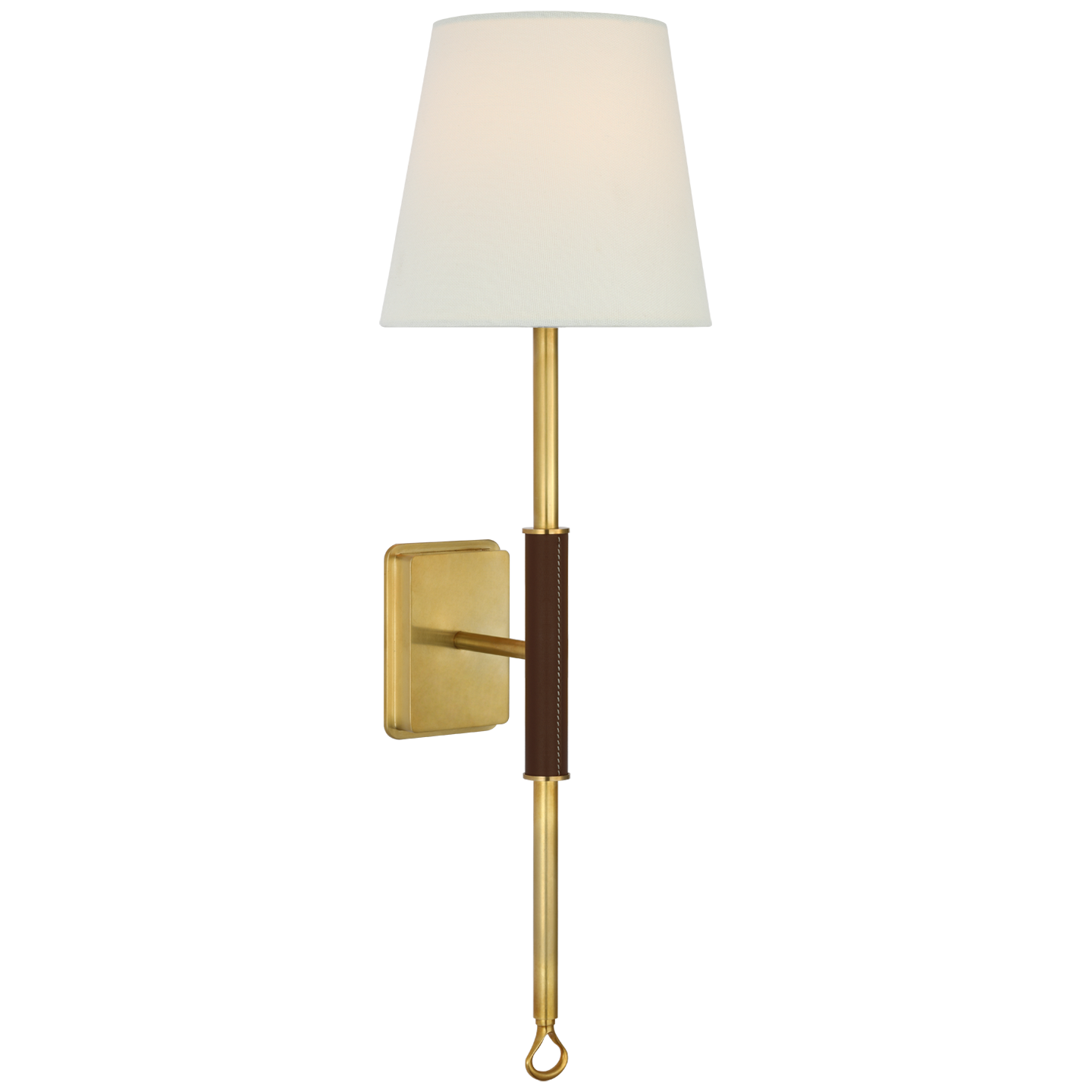 Griffin Tail Sconce in Hand-Rubbed Antique Brass and Saddle Leather with Linen Shade
