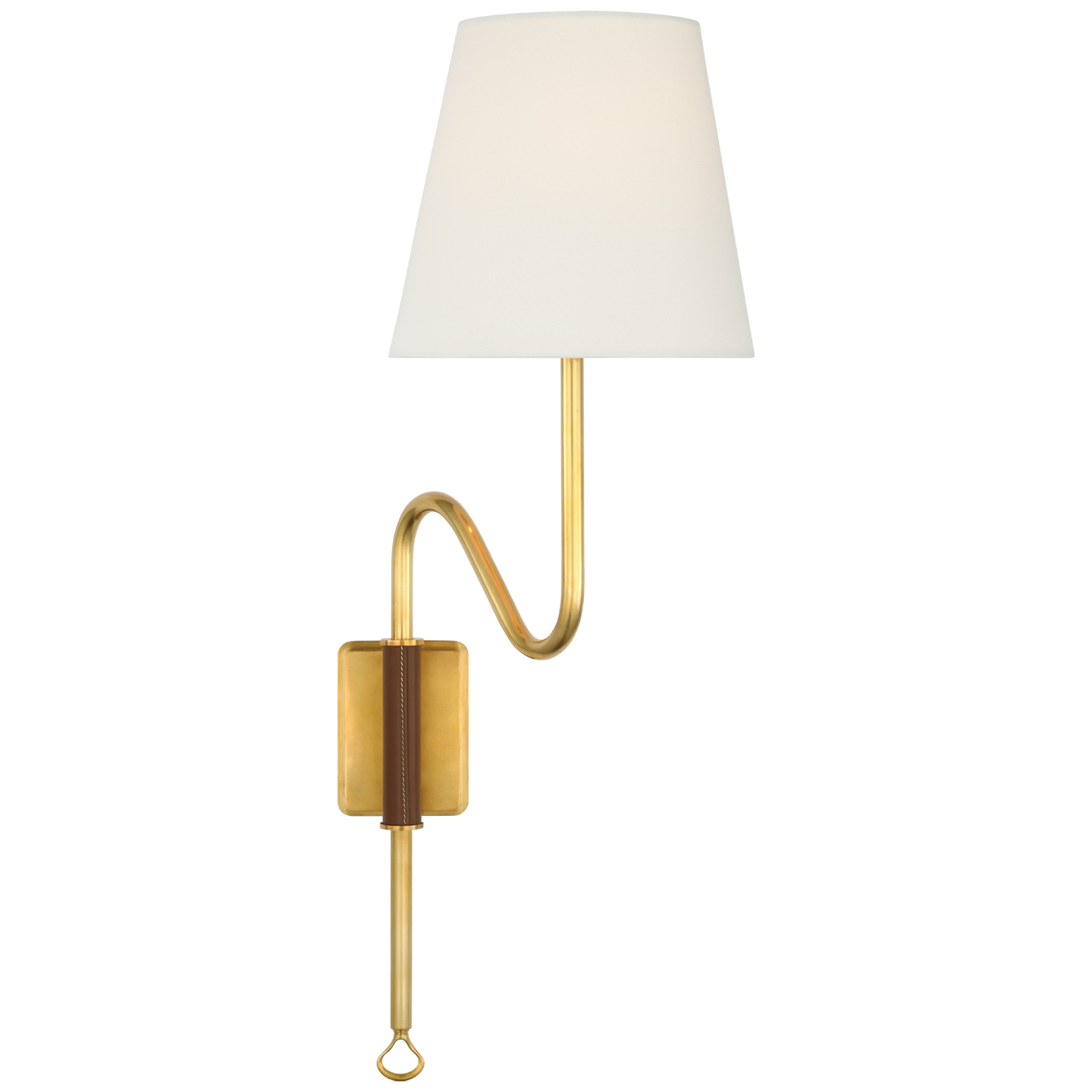 Griffin Articulating Sconce in Hand-Rubbed Antique Brass and Saddle Leather with Linen Shade