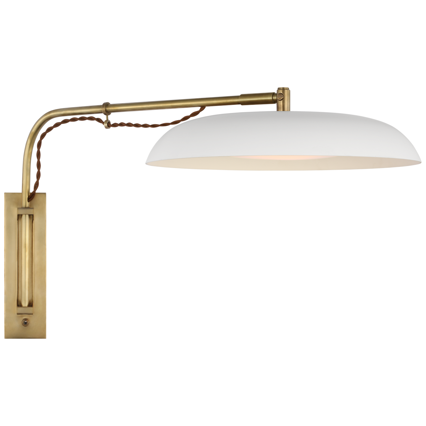 Cyrus Medium Articulating Wall Light in Hand-Rubbed Antique Brass and White with White Glass Open Box