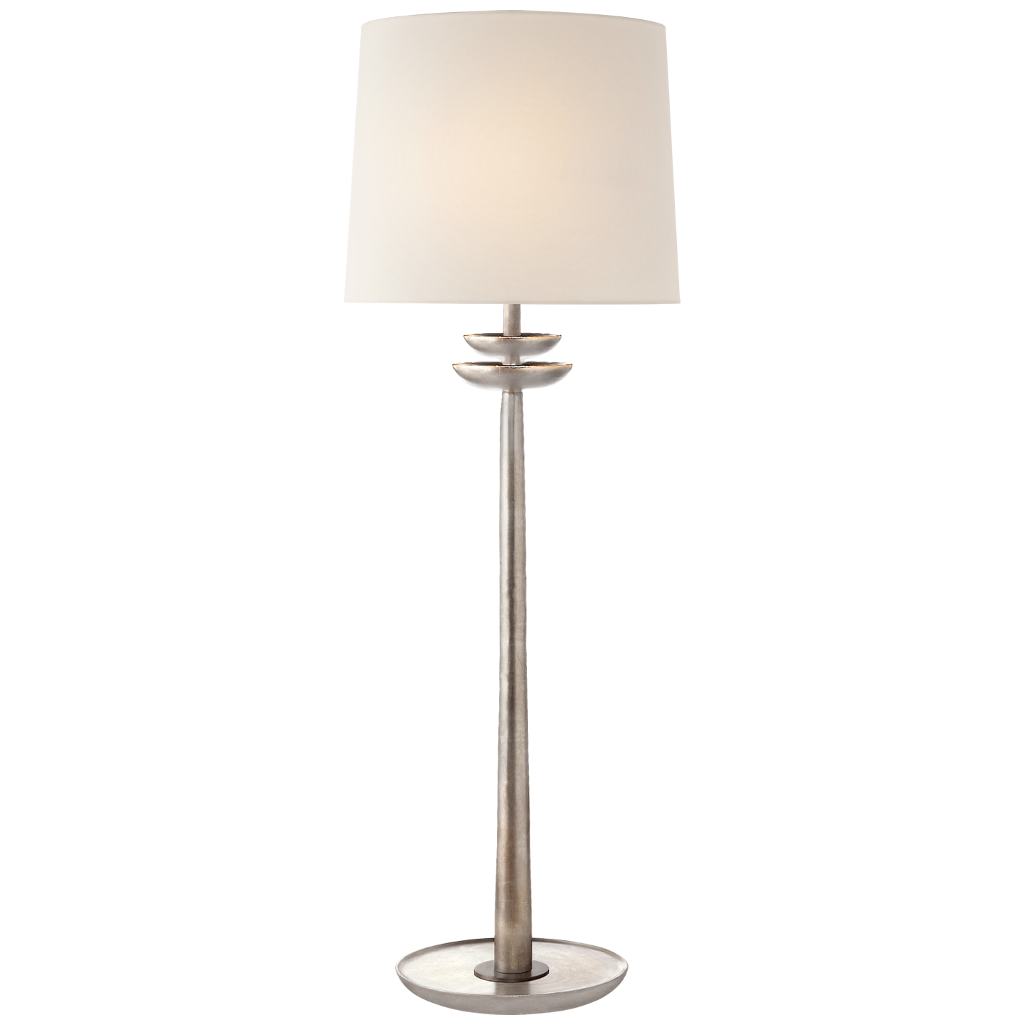 The Beaumont by AERIN reframes a familiar silhouette with contemporary detailing. Sconces, floor and buffet lamps feature petal-like tiers that add an organic touch to open spaces such as libraries or sitting rooms. Full linen shades provide ample, sophisticated lighting.