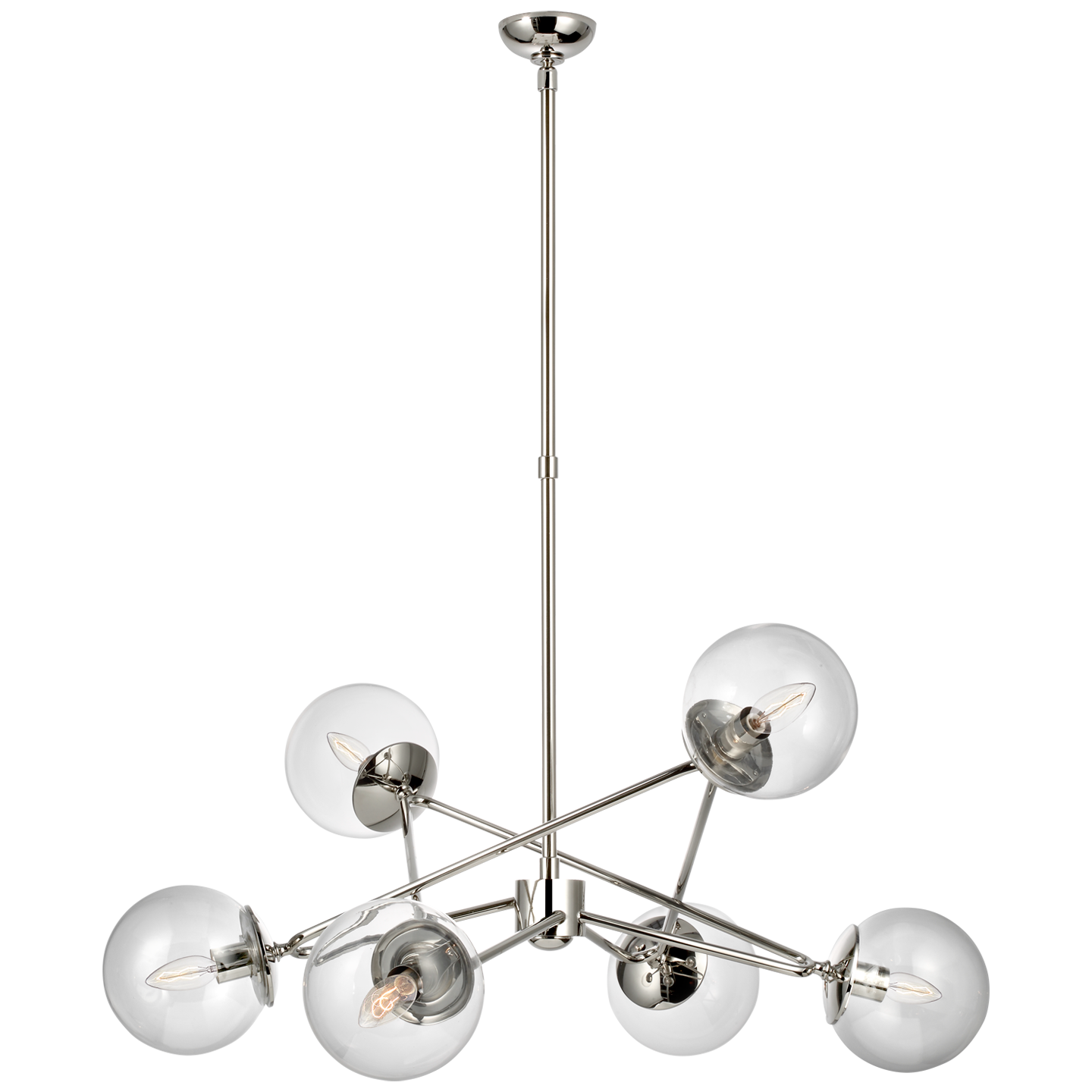 The unique Turenne by AERIN joins classic and contemporary with the familiar globe, by itself or in a dynamic cluster, unexpectedly revealing the interior candelabra or bulb in a fully transparent clear glass shade. One Turenne – or perhaps a pair – will bring charm to high ceilings and kitchens.
