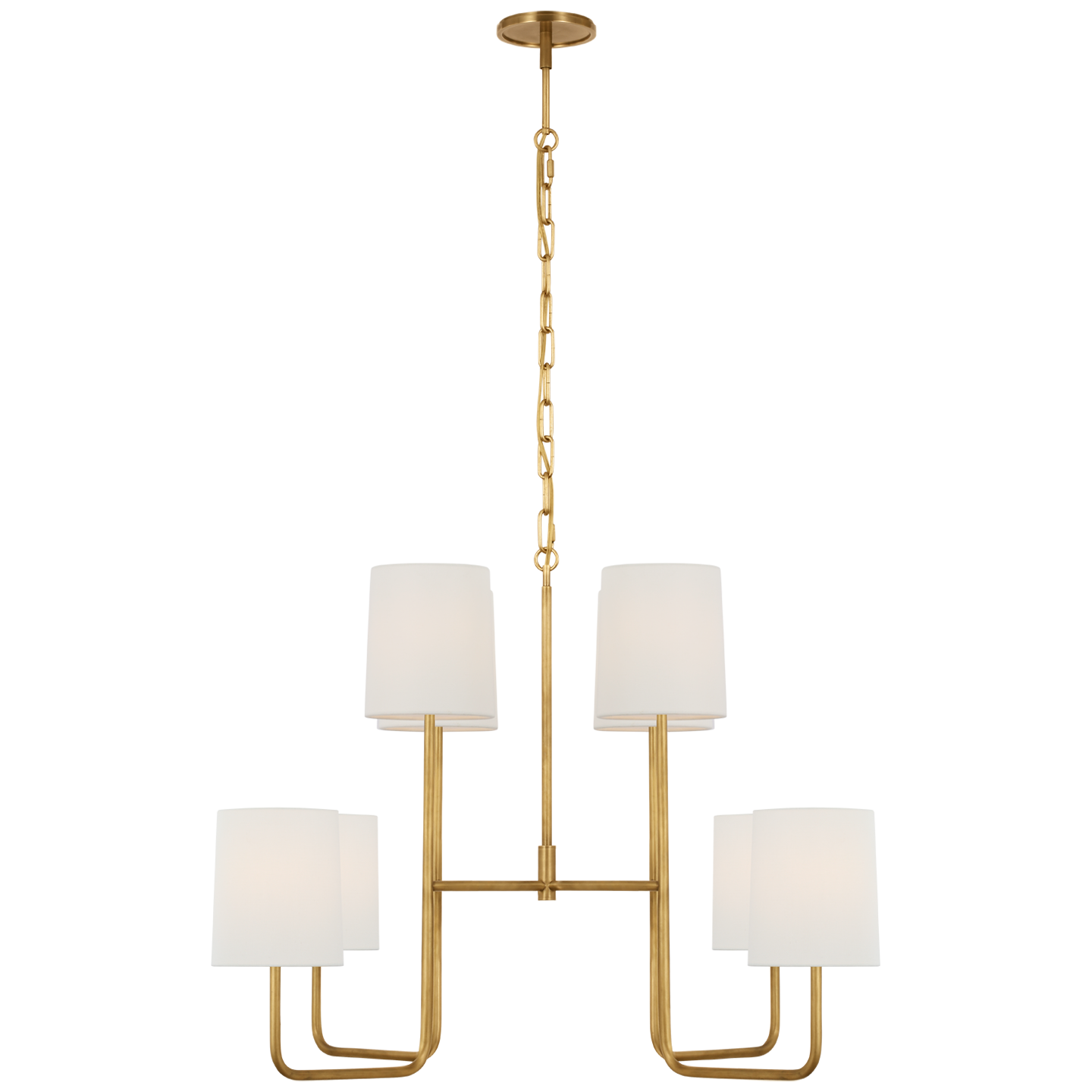 Go Lightly Extra Large Two Tier Chandelier in Soft Brass with Linen Shades Open Box