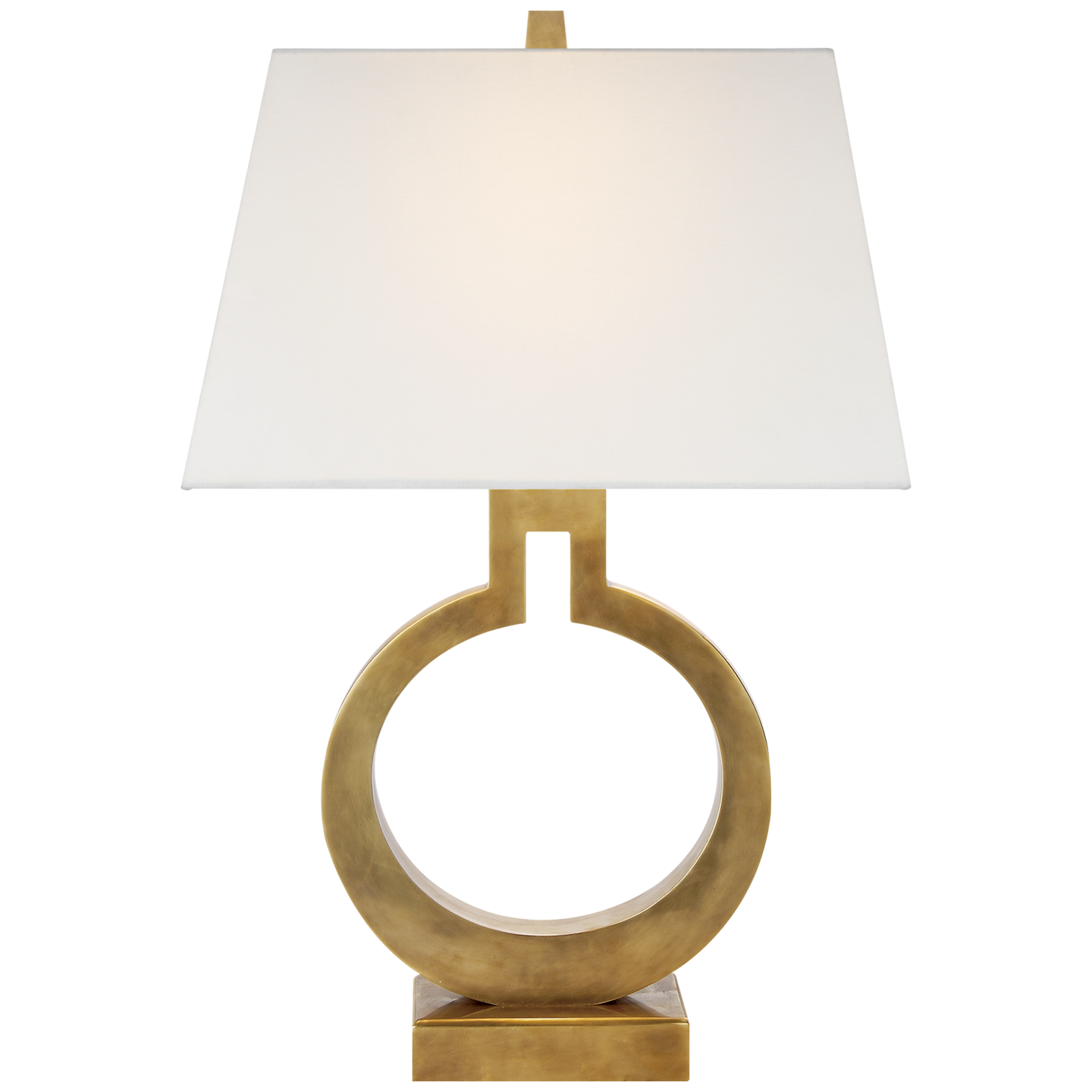 Ring Form Small Table Lamp in Antique-Burnished Brass with Linen Shade Open Box