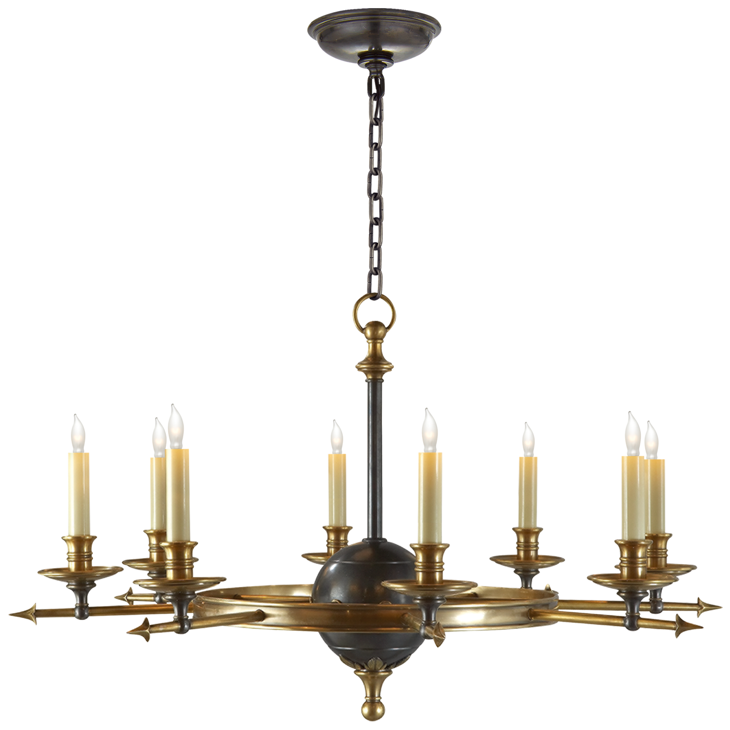 Leaf and Arrow Large Chandelier in Bronze with Antique-Burnished Brass Open Box