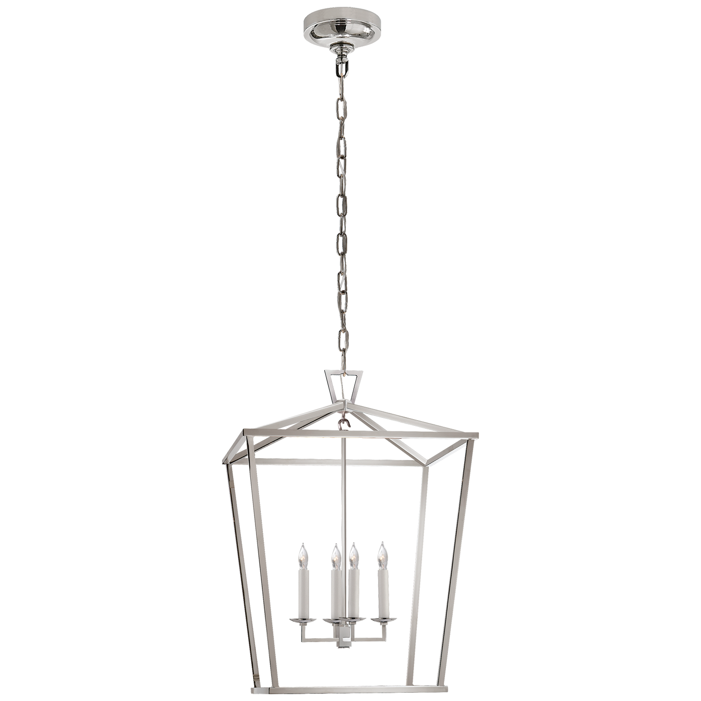 The Darlana series by Chapman & Myers brings classical proportions into balance. An open steel framework with slightly offset corners and distinctive triangular top loop detail blends traditional and minimalist and adds refinement to the classic lantern form. Geometric shapes add modern structure without overwhelming more casual interiors. From single light lanterns, to oversized, tiered chandeliers, the Darlana series creates a focal point outdoors, in entryways, above kitchen islands, and in dining or living rooms.