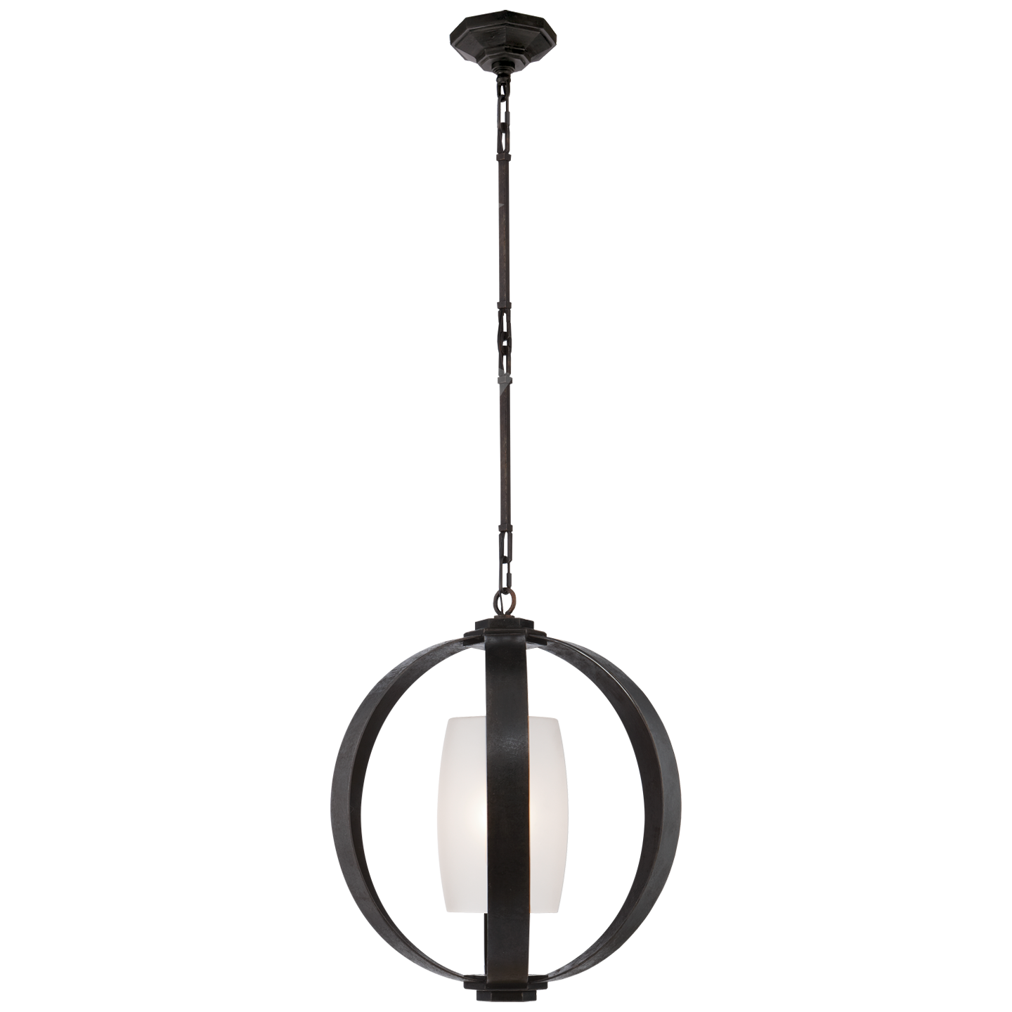 Metal Banded Lantern in Aged Iron with Frosted Glass Open Box