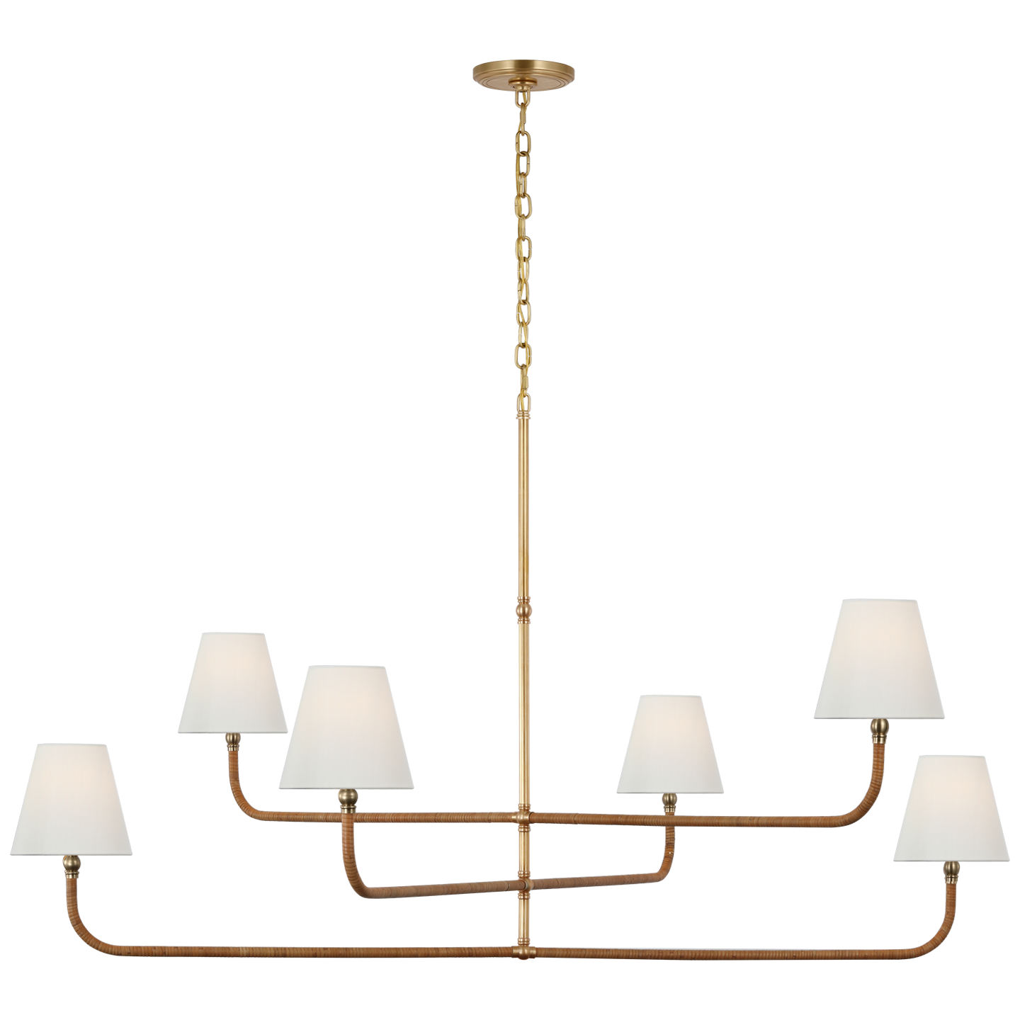 Basden Grande Three Tier Chandelier in Antique-Burnished Brass and Natural Rattan with Linen Shades