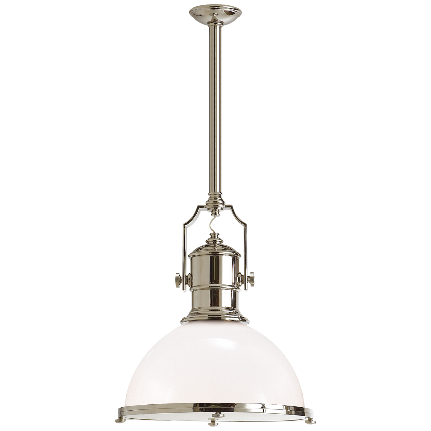 Country Industrial Large Pendant in Polished Nickel with White Glass Shade Open Box