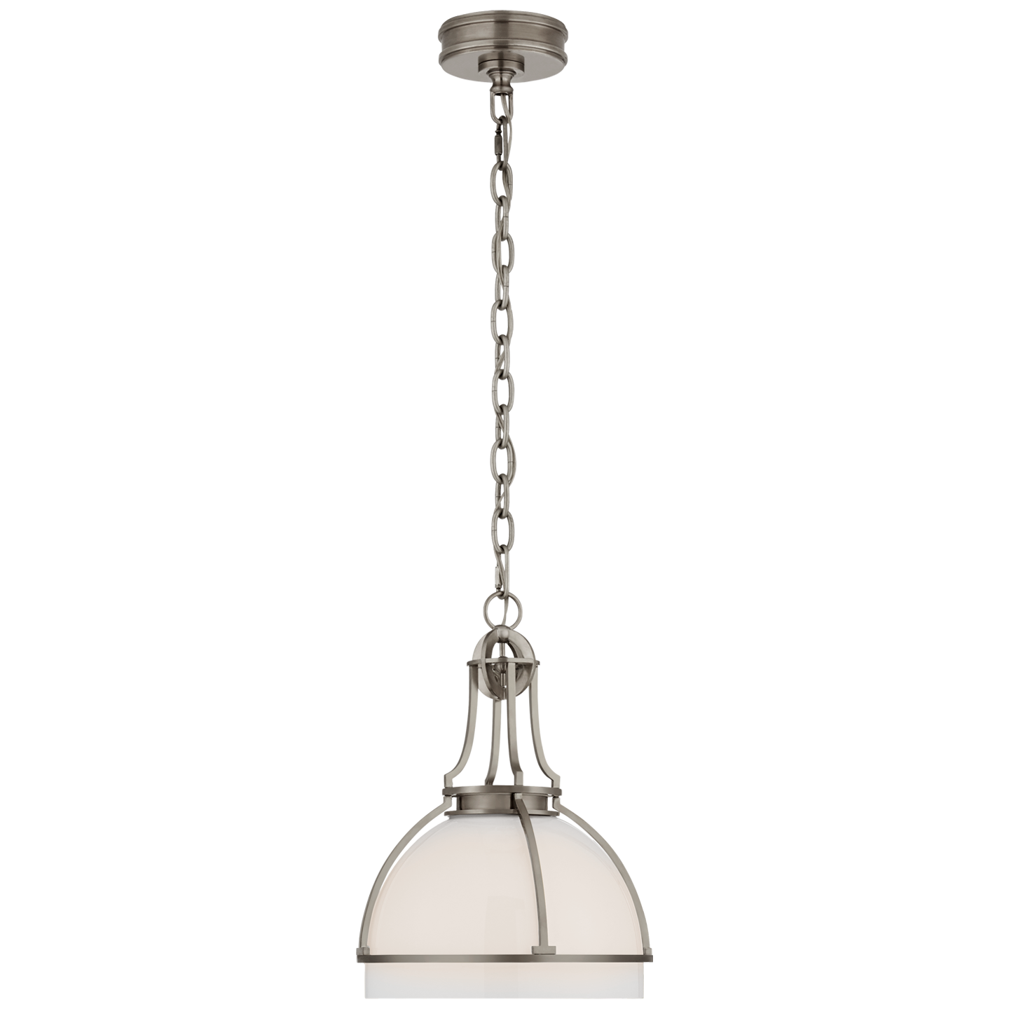 Gracie Medium Dome Pendant in Antique Nickel with White Glass  Open Box