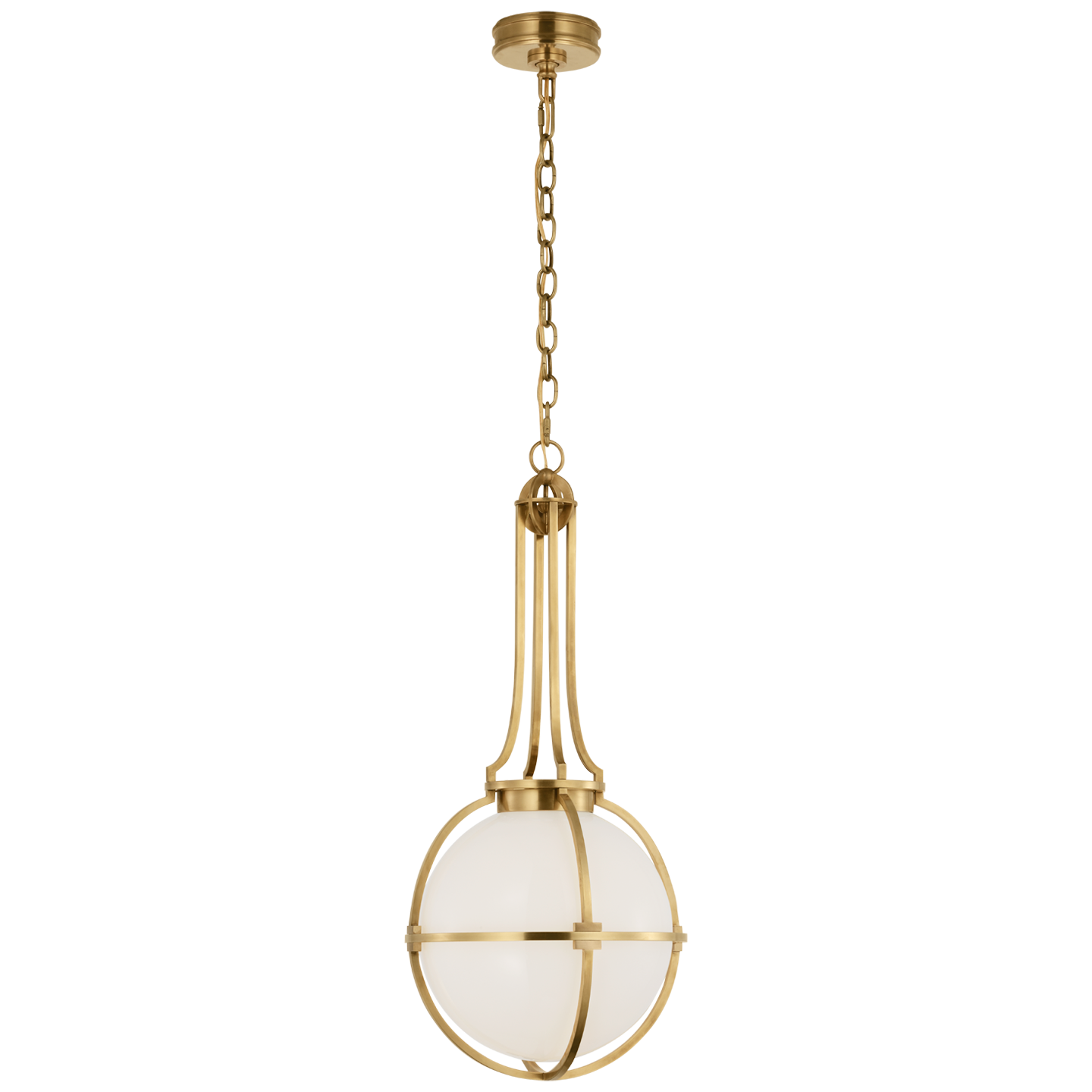 Gracie Medium Captured Globe Pendant in Antique-Burnished Brass with White Glass