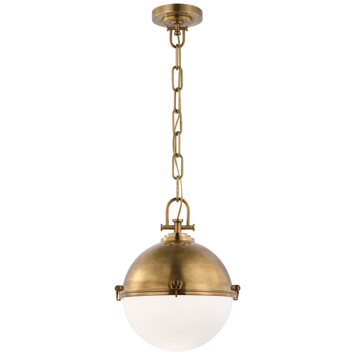 Adrian Large Globe Pendant in Antique-Burnished Brass with White Glass Open Box