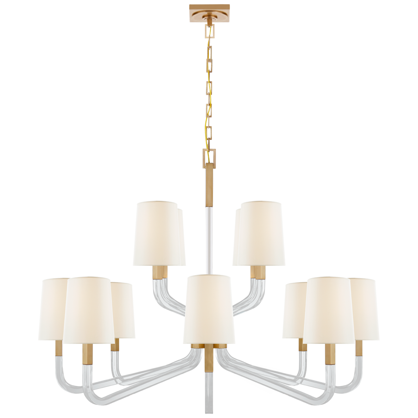Reagan Grande Two Tier Chandelier in Antique-Burnished Brass and Crystal with Linen Shades Open Box