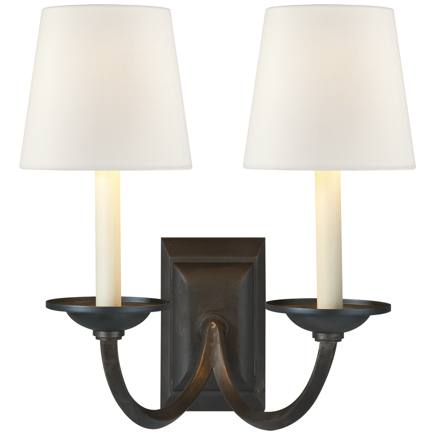 Flemish Double Sconce in Aged Iron with Linen Shades Open Box