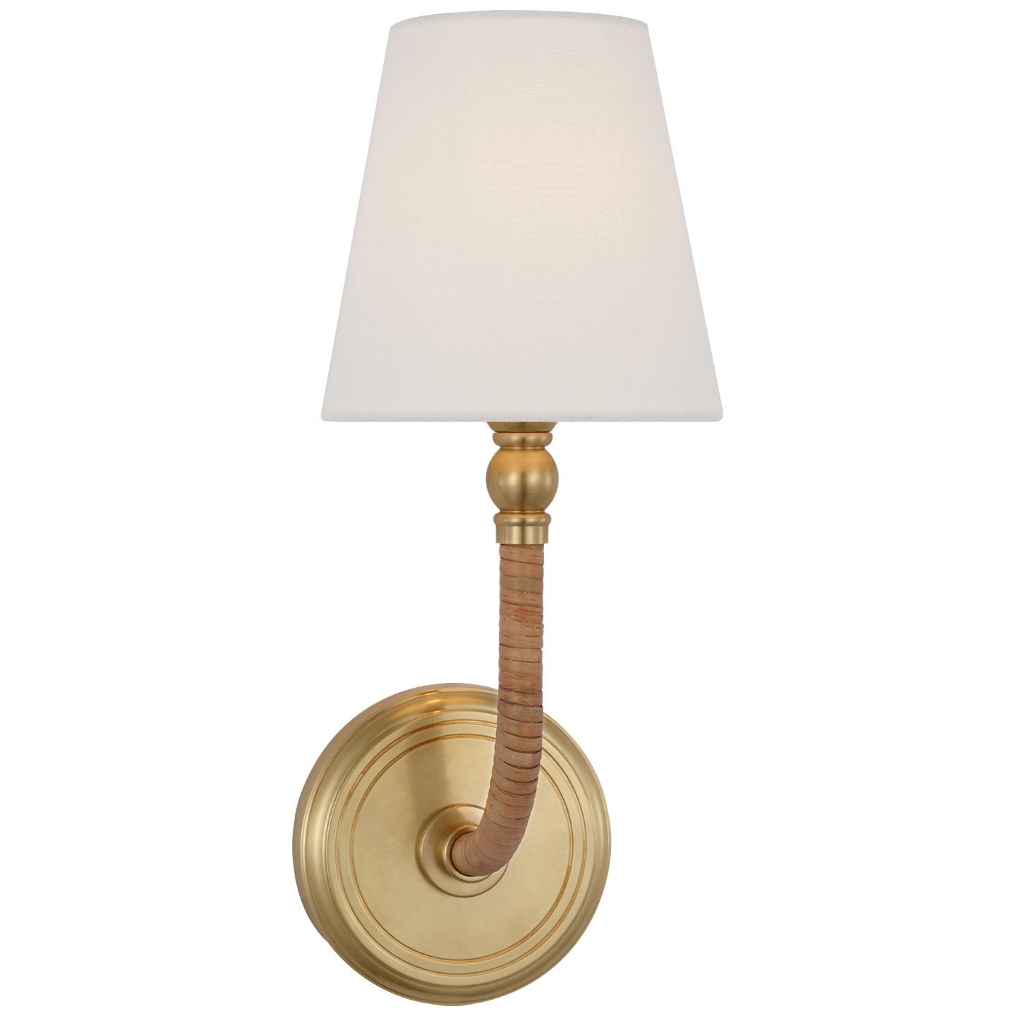 Basden Medium Sconce in Antique-Burnished Brass and Natural Rattan with Linen Shade