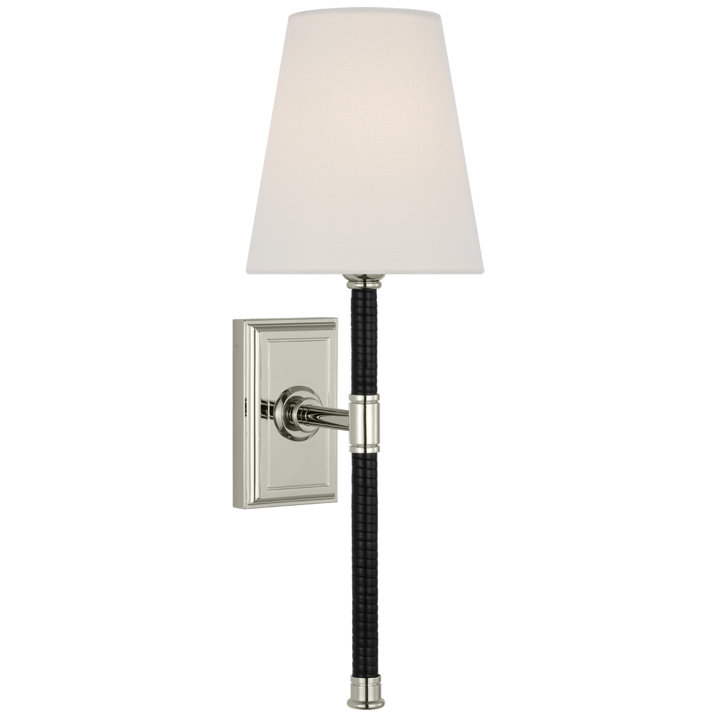 Basden 16" Tail Sconce in Polished Nickel and Black Rattan with Linen Shade