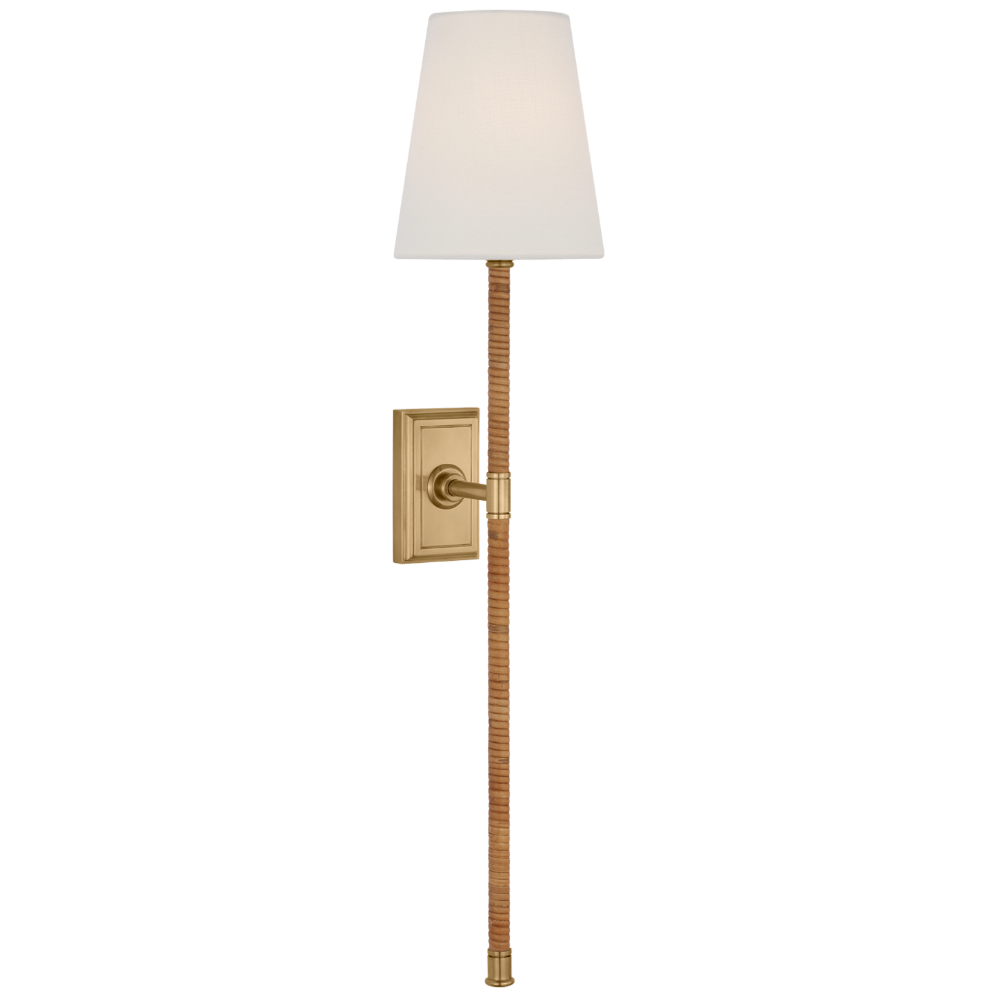 Basden 29" Tail Sconce in Antique-Burnished Brass and Natural Rattan with Linen Shade