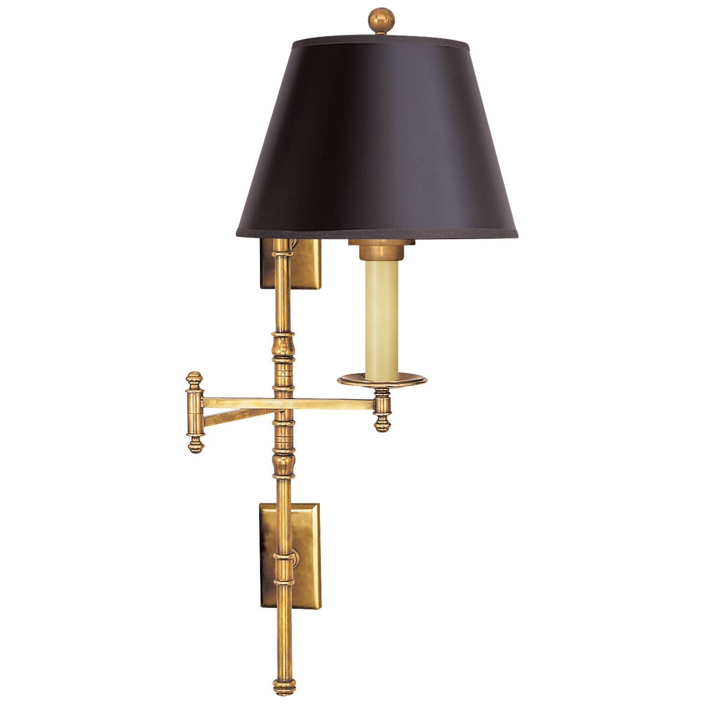 Dorchester Double Backplate Swing Arm in Antique-Burnished Brass with Black Paper Shade Open Box