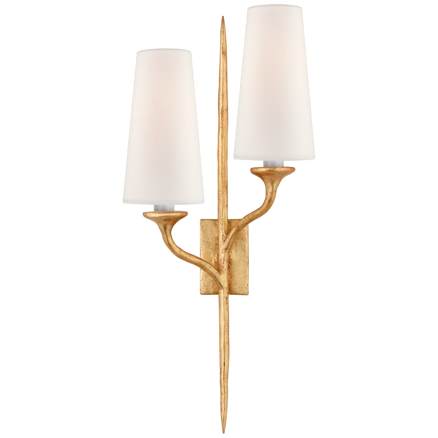 Iberia Double Right Sconce in Antique Gold Leaf with Linen Shades