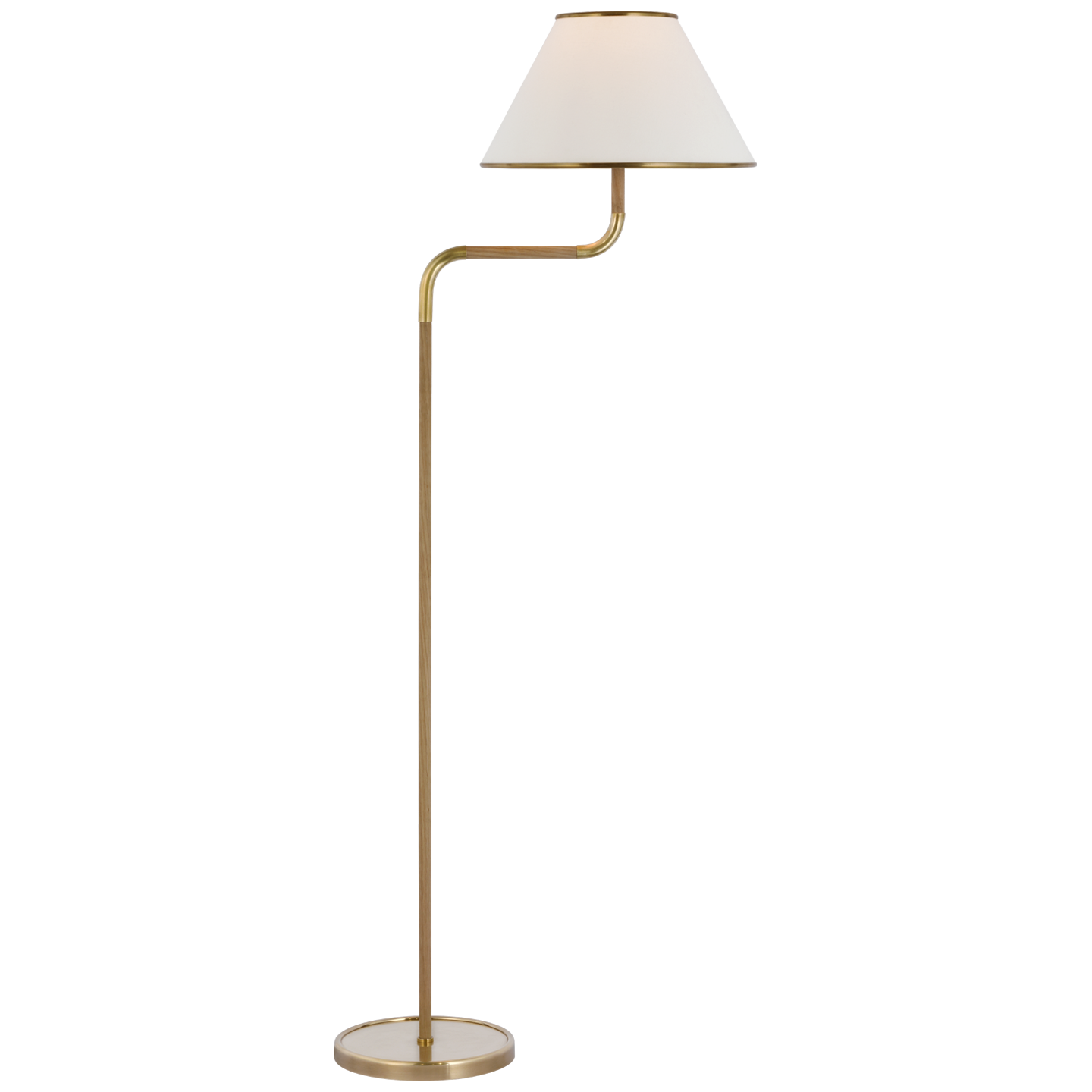 Rigby Medium Bridge Arm Floor Lamp in Soft Brass and Natural Oak with Linen Shade Open Box
