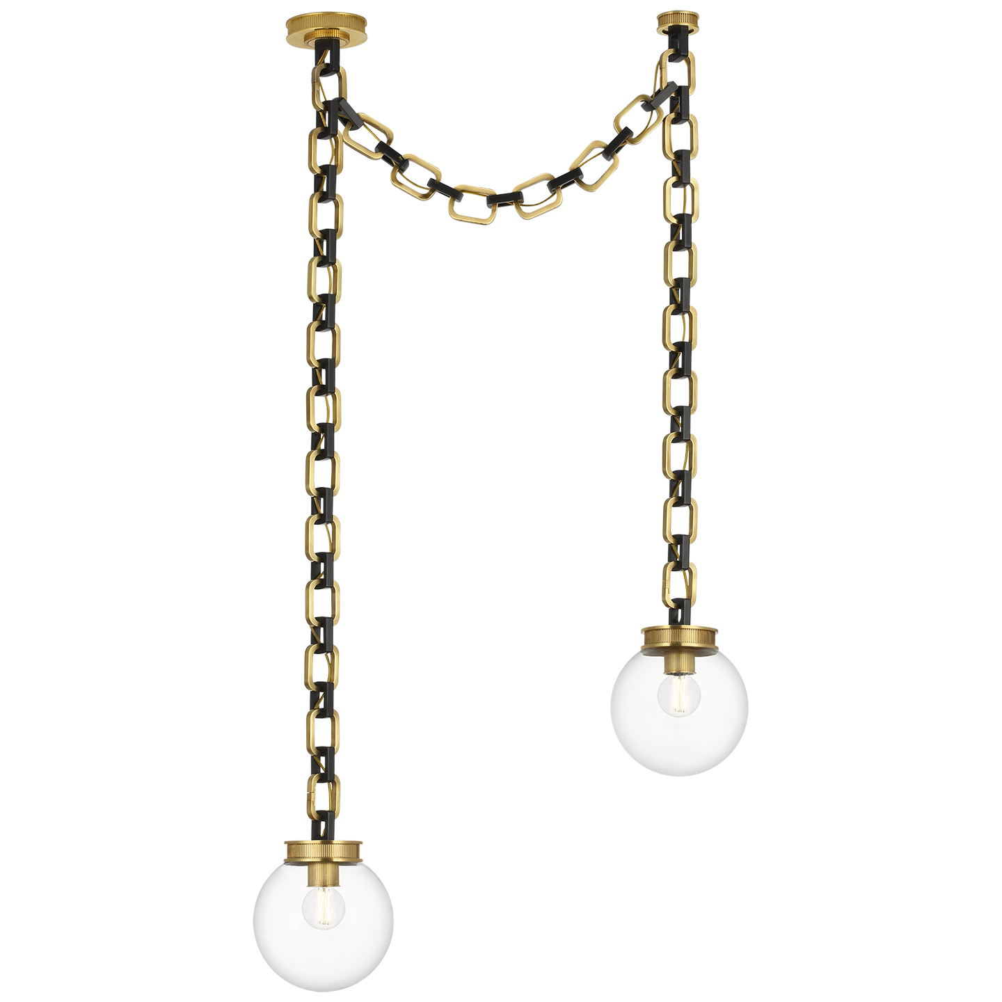 Bellamy 2 Light Statement Chain 8" Globe Chandelier in Soft Brass and Bronze with Clear Glass