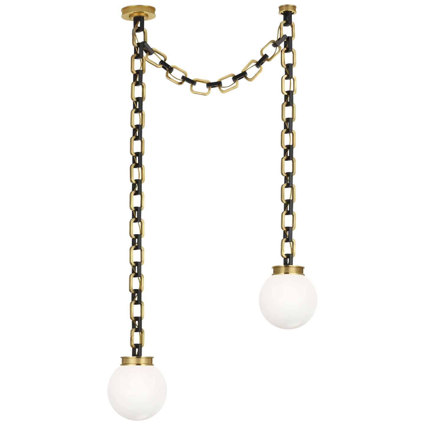 Bellamy 2 Light Statement Chain 8" Globe Chandelier in Soft Brass and Bronze with White Glass