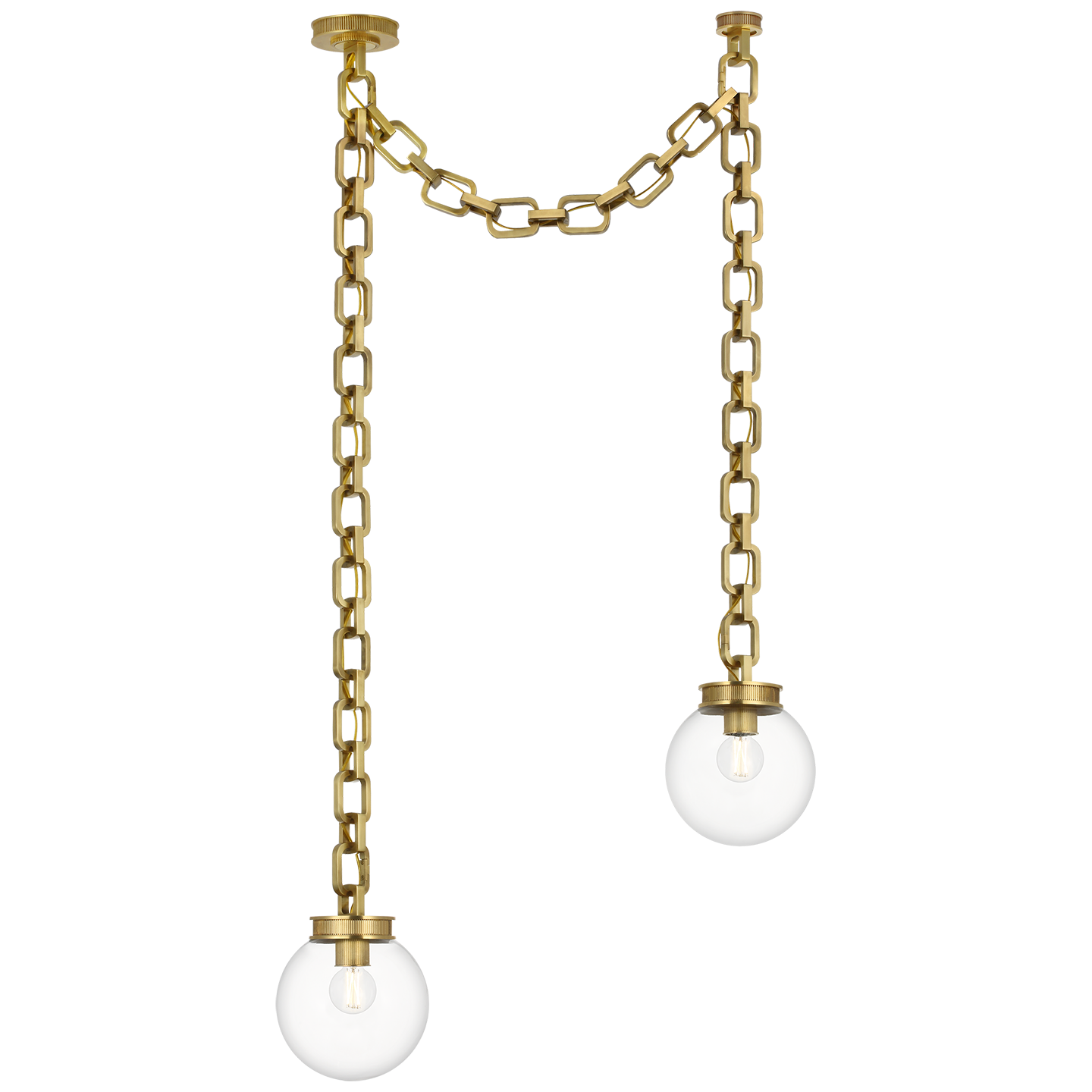 Bellamy 2 Light Statement Chain 8" Globe Chandelier in Soft Brass with Clear Glass