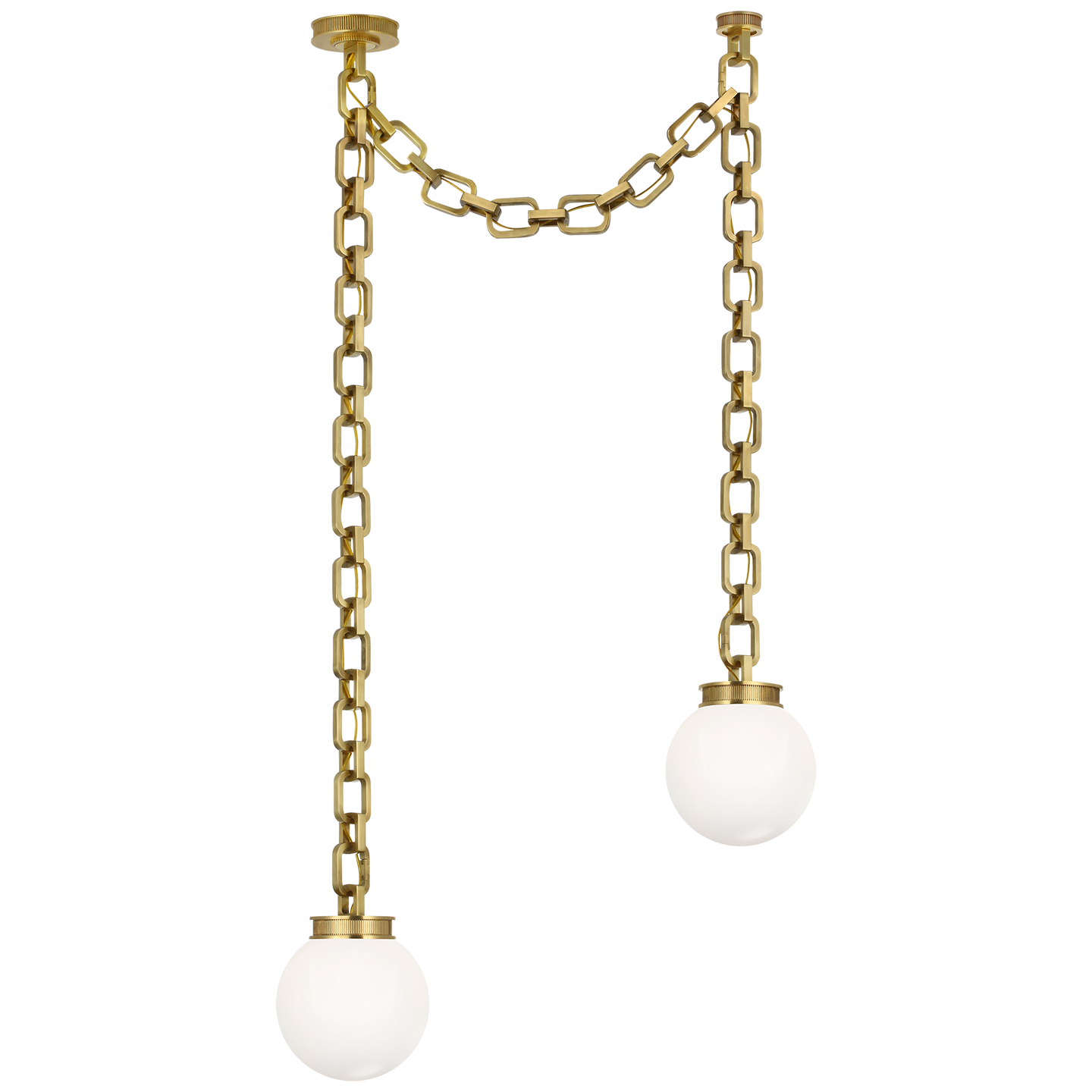 Bellamy 2 Light Statement Chain 8" Globe Chandelier in Soft Brass with White Glass