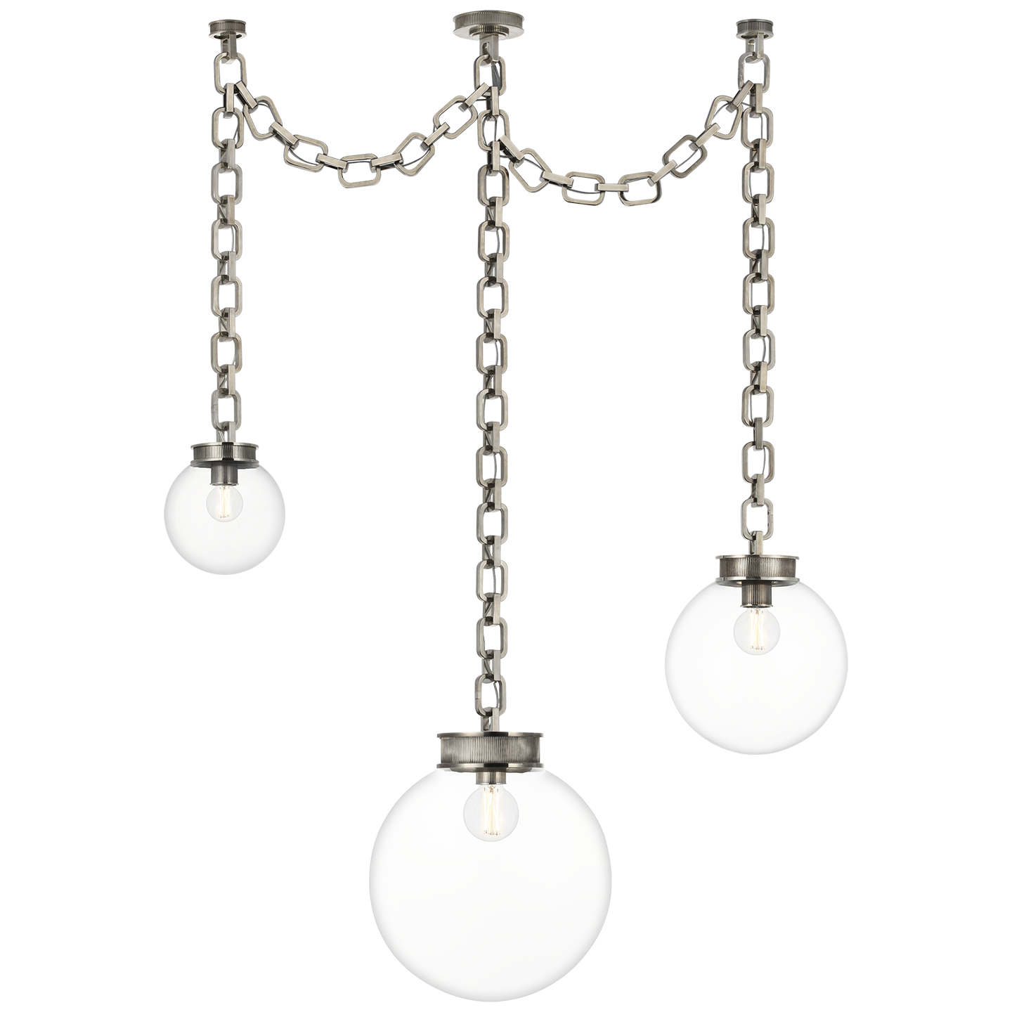 Bellamy 3 Light Statement Chain Multi Globe Chandelier in Pewter with Clear Glass