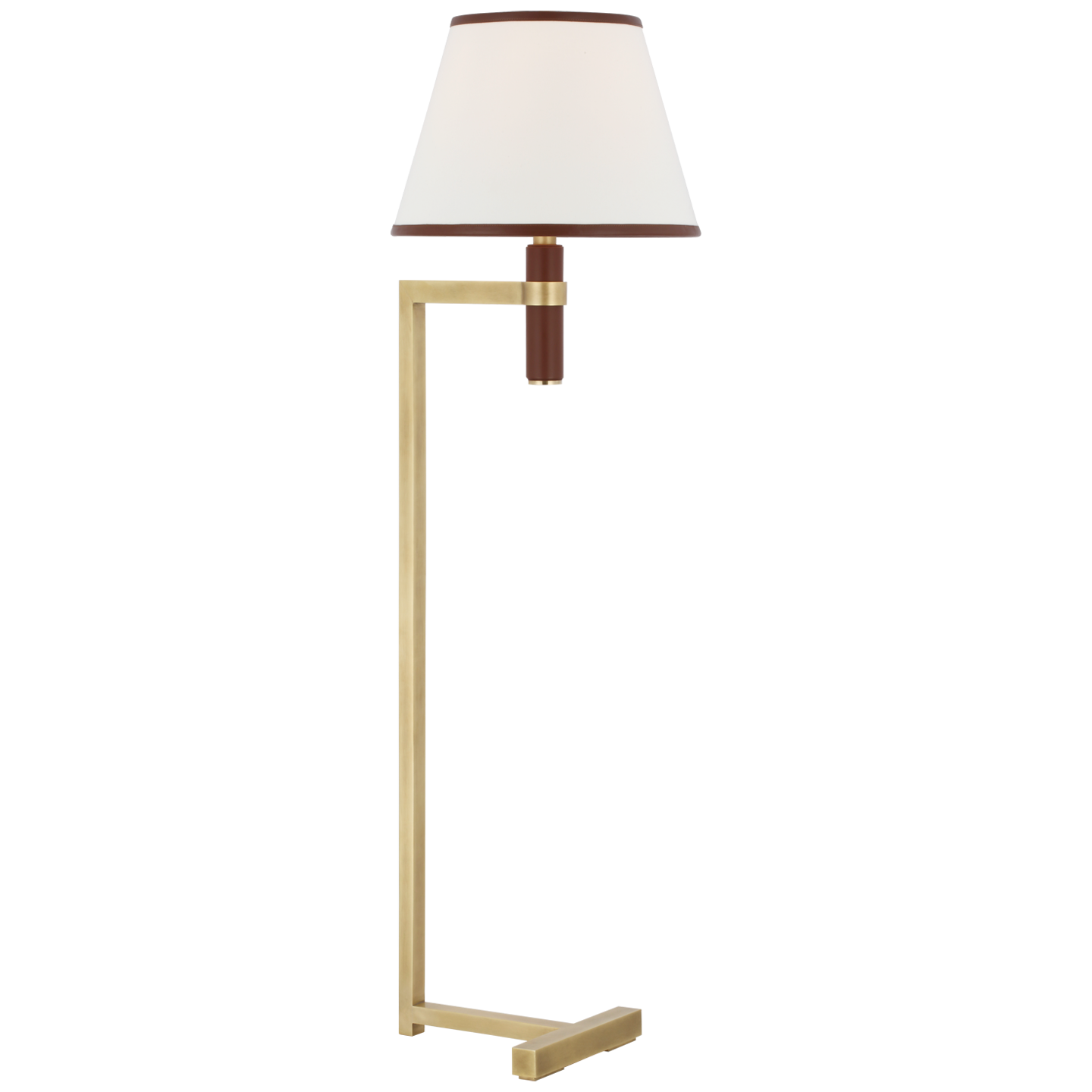 Hedger 55" Floor Lamp in Natural Brass and Saddle Leather with Linen Shade and Saddle Leather Trim