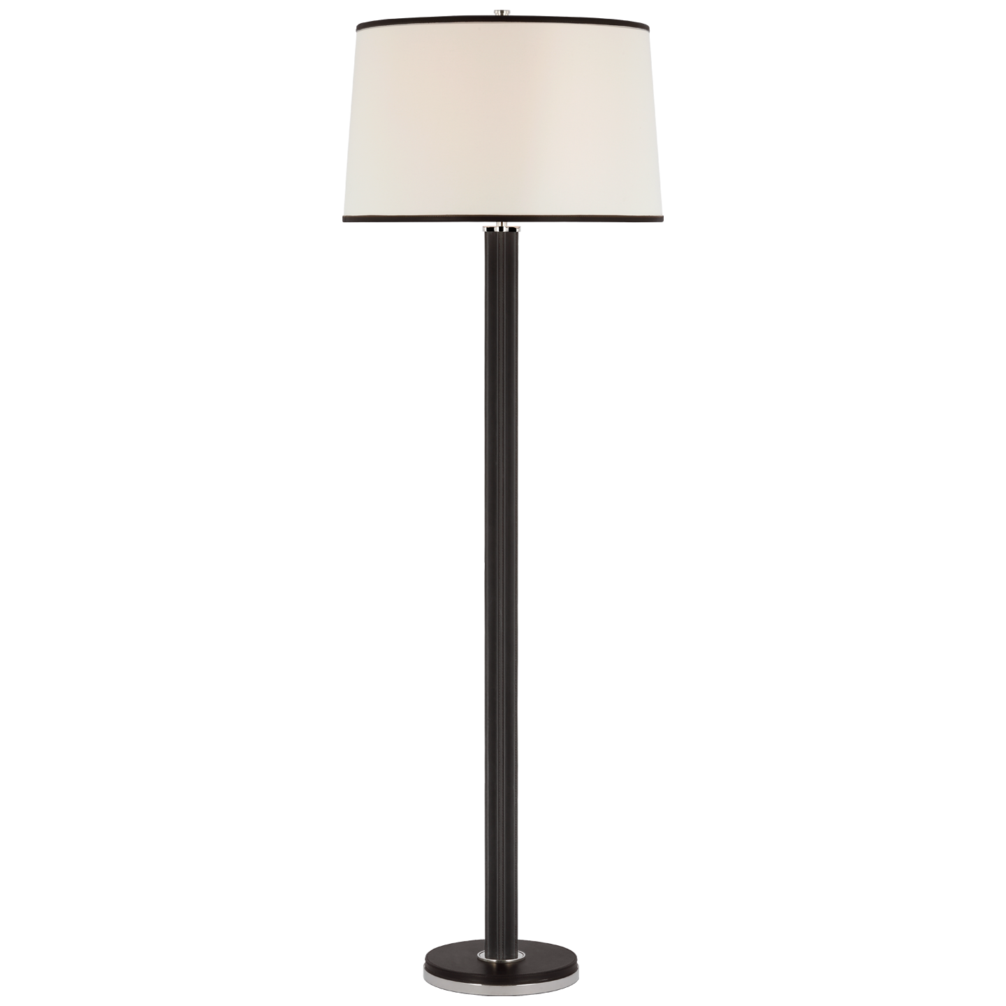 Riley Large Floor Lamp in Polished Nickel and Chocolate Leather with Leather Trimmed Linen Shade Open Box