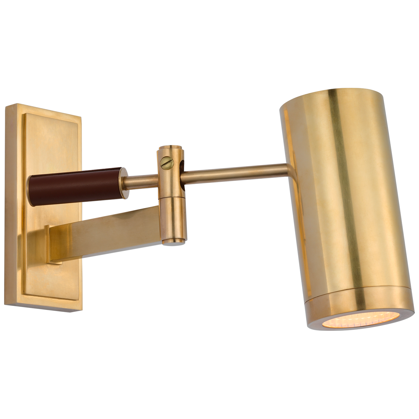 Grant 8" Articulating Wall Light in Natural Brass and Saddle Leather with Industrial Prismatic Glass