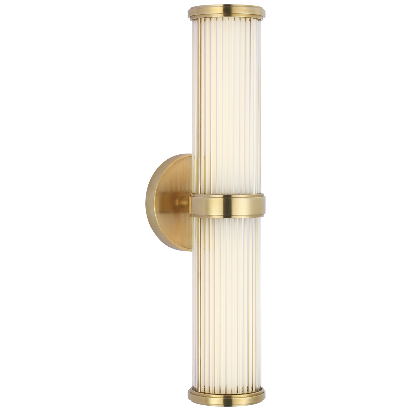 Inspired by the Allen series, the Ranier is a contemporary update of a modern classic from Ralph Lauren. Elegant metalwork houses glass rods as an elongated cylindrical shade, evenly diffusing light in pairs or multiples to enhance any bathroom with art deco appeal.