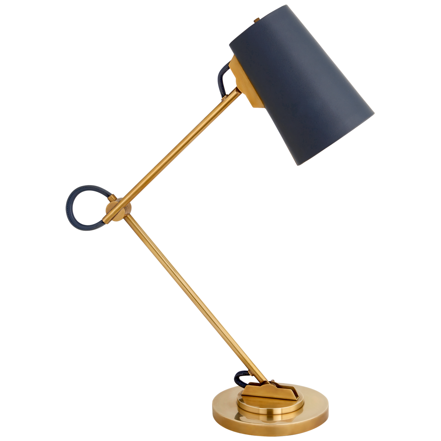 Benton Adjustable Desk Lamp in Natural Brass with Navy Leather Shade Open Box