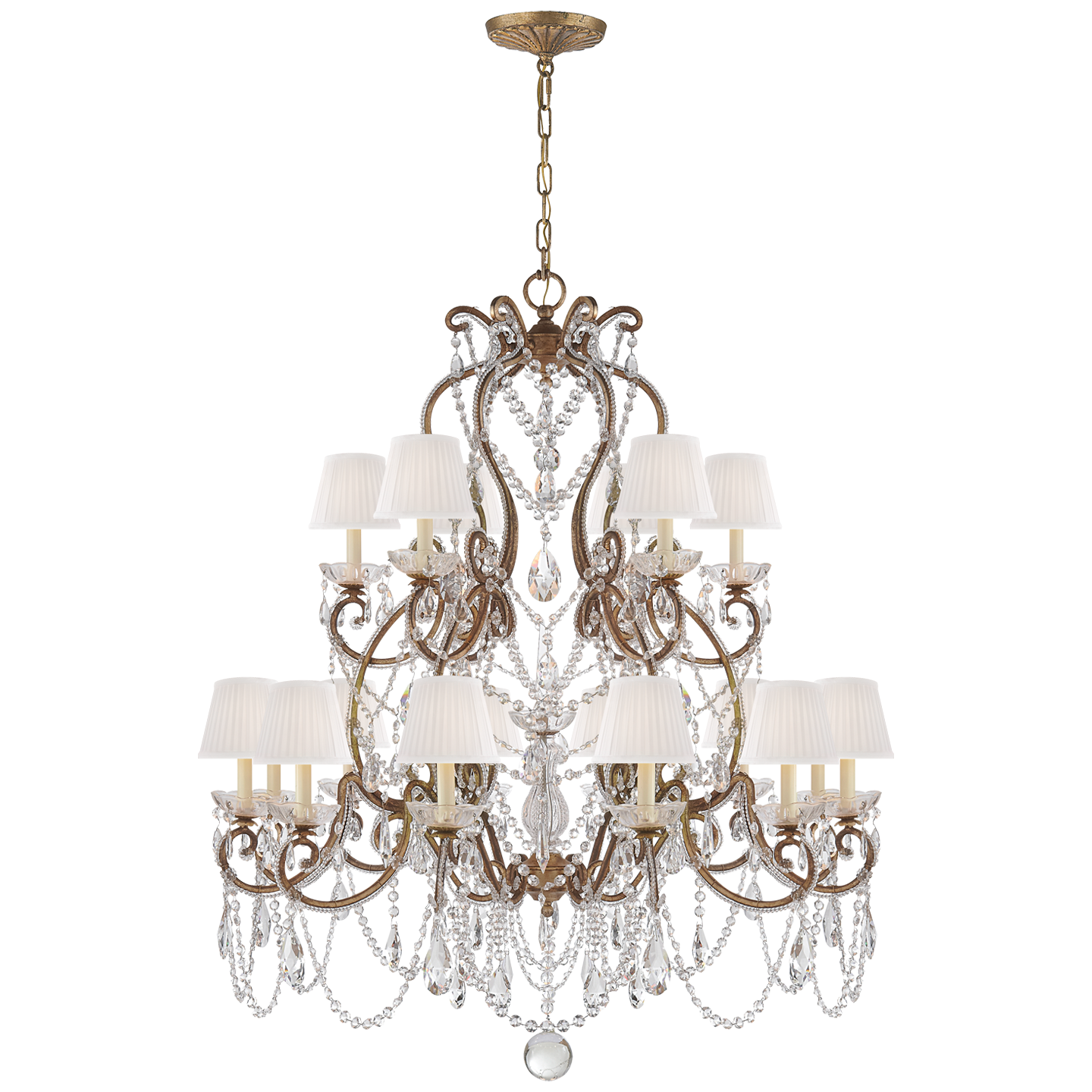 Adrianna Medium Chandelier in Gilded Iron and Crystal with Silk Shades Open Box