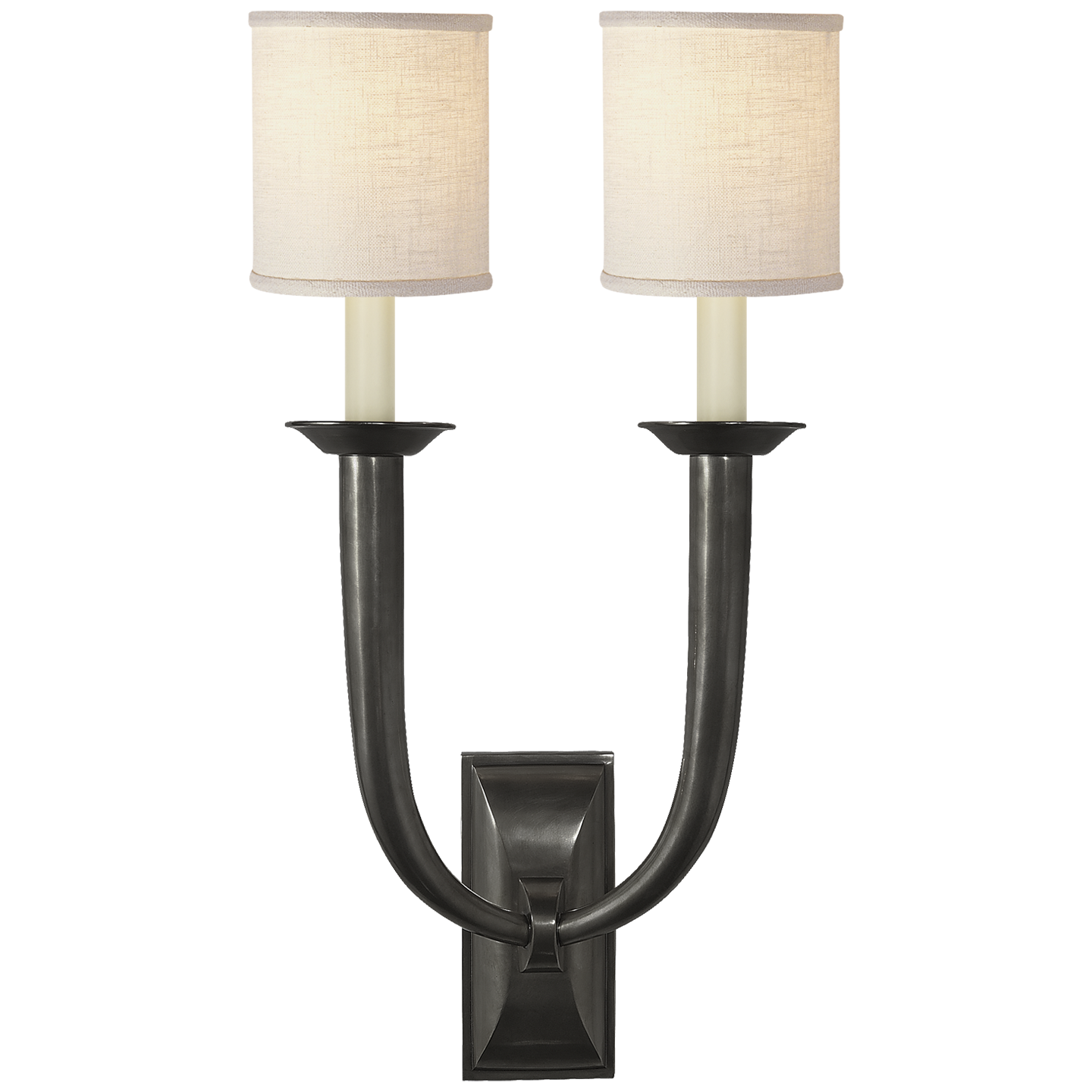 French Deco Horn Double Sconce in Bronze with Linen Shades Open Box