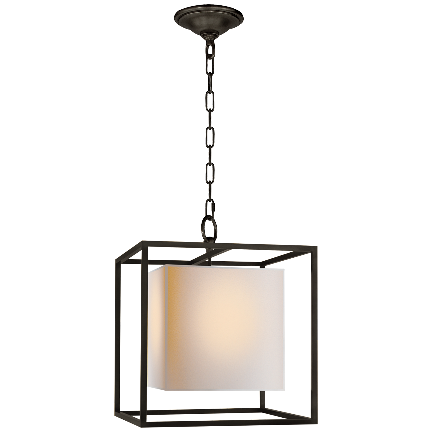 Caged Small Lantern in Bronze with Natural Paper Shade Open Box