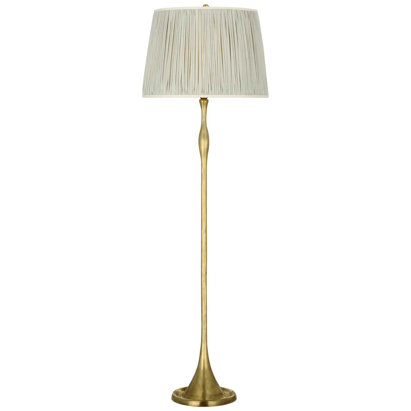 Romero Medium Floor Lamp in Hand-Rubbed Antique Brass with Schumacher 18" Blue Charee Stripe Pleated Empire Shade