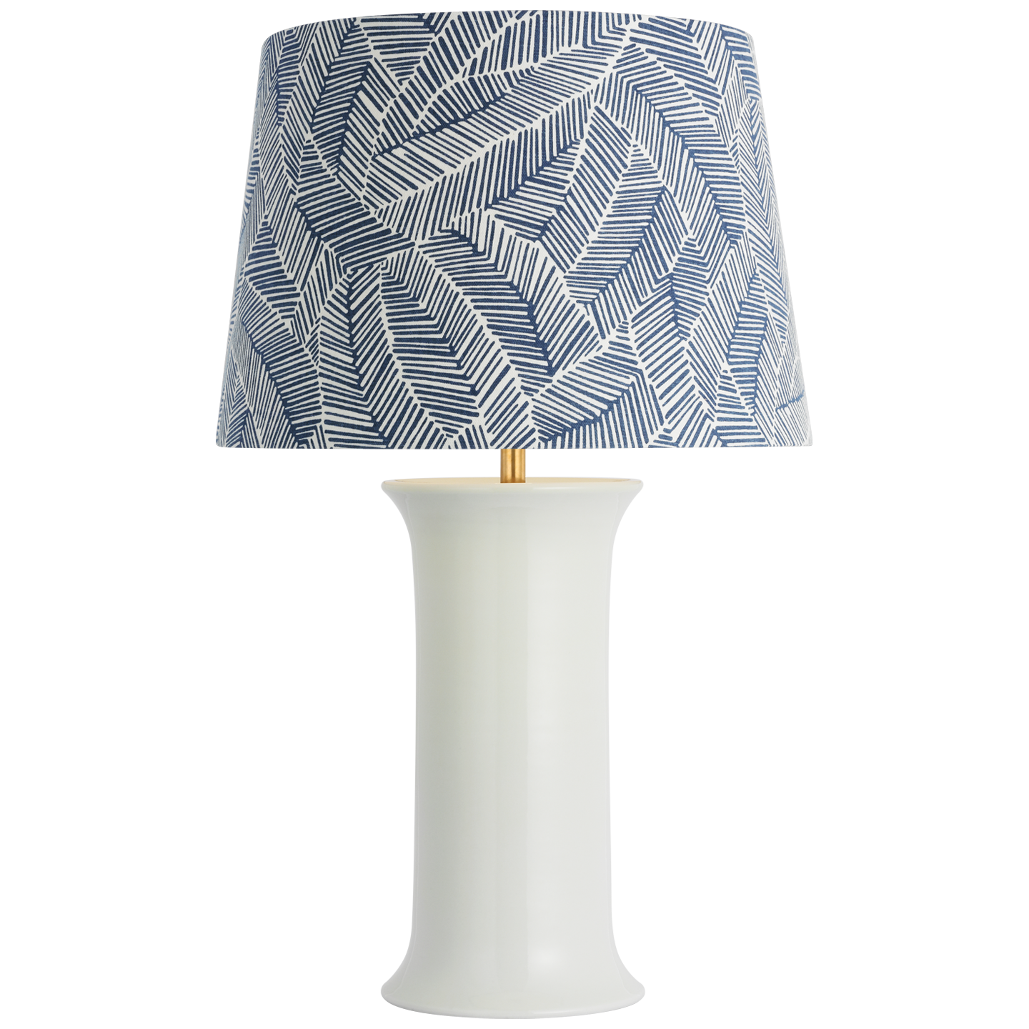Mallory Medium Table Lamp in White Porcelain with Schumacher 18" Navy Abstract Leaf Empire Shade