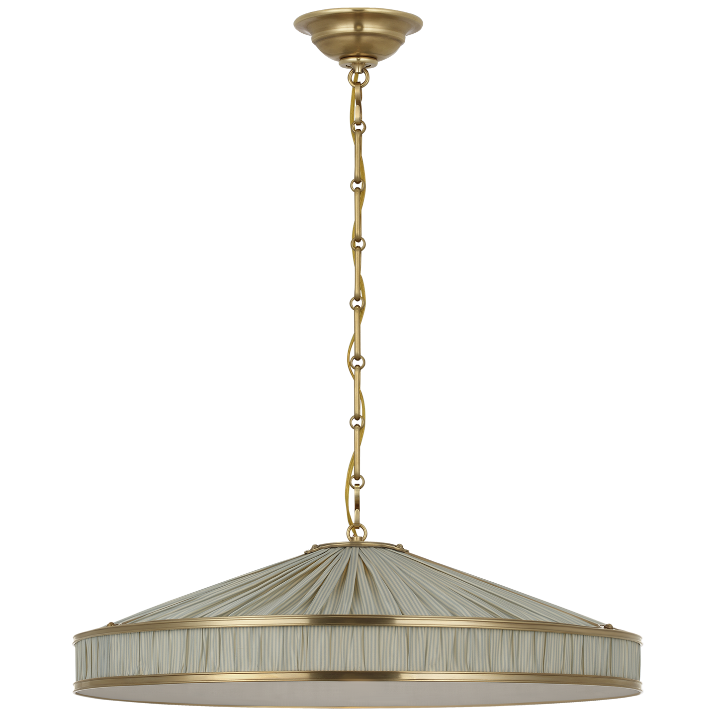 Allister 24" Galleried Hanging Shade in Hand-Rubbed Antique Brass with Schumacher Pleated Blue Charee Stripe