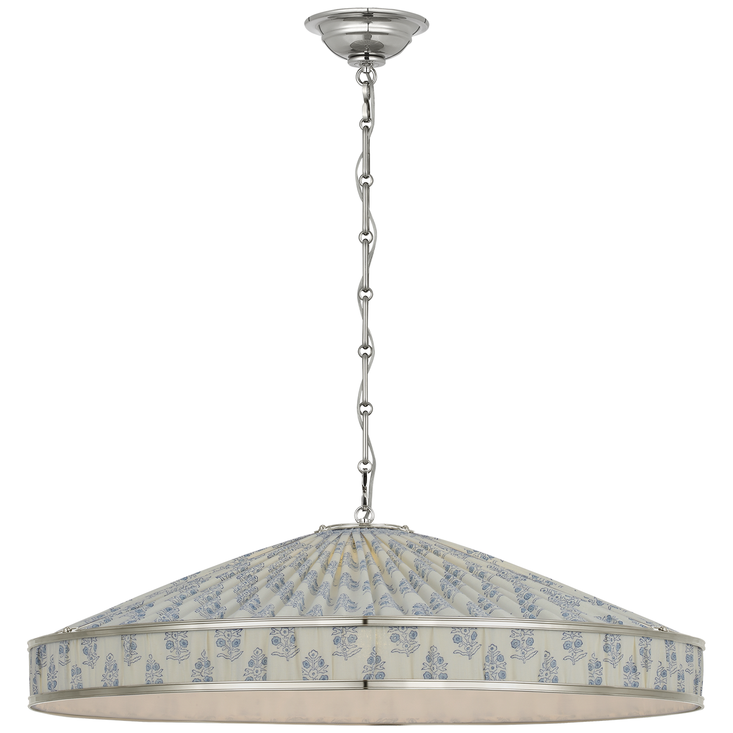 Allister 30" Galleried Hanging Shade in Polished Nickel with Schumacher Pleated Blue Aditi