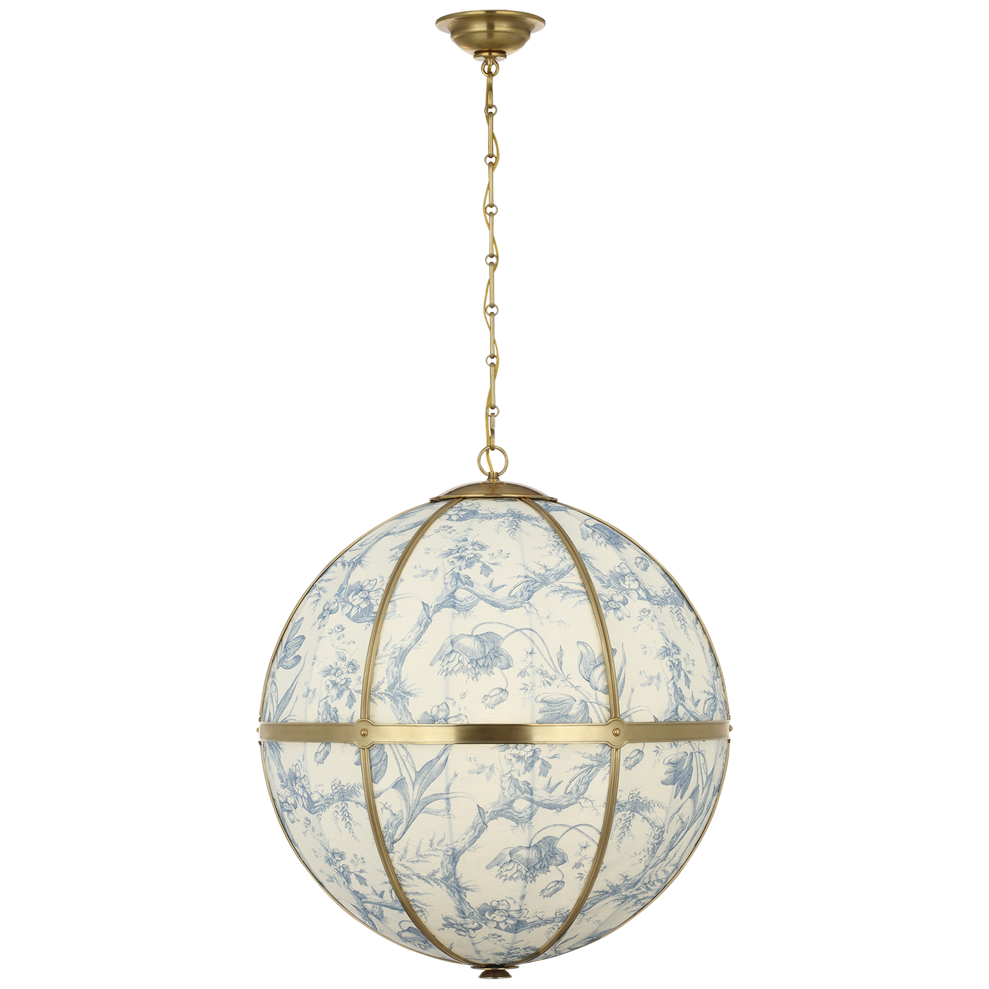 Allister 24" Framed Globe Chandelier in Hand-Rubbed Antique Brass with Schumacher Delft Toile De Fleurs