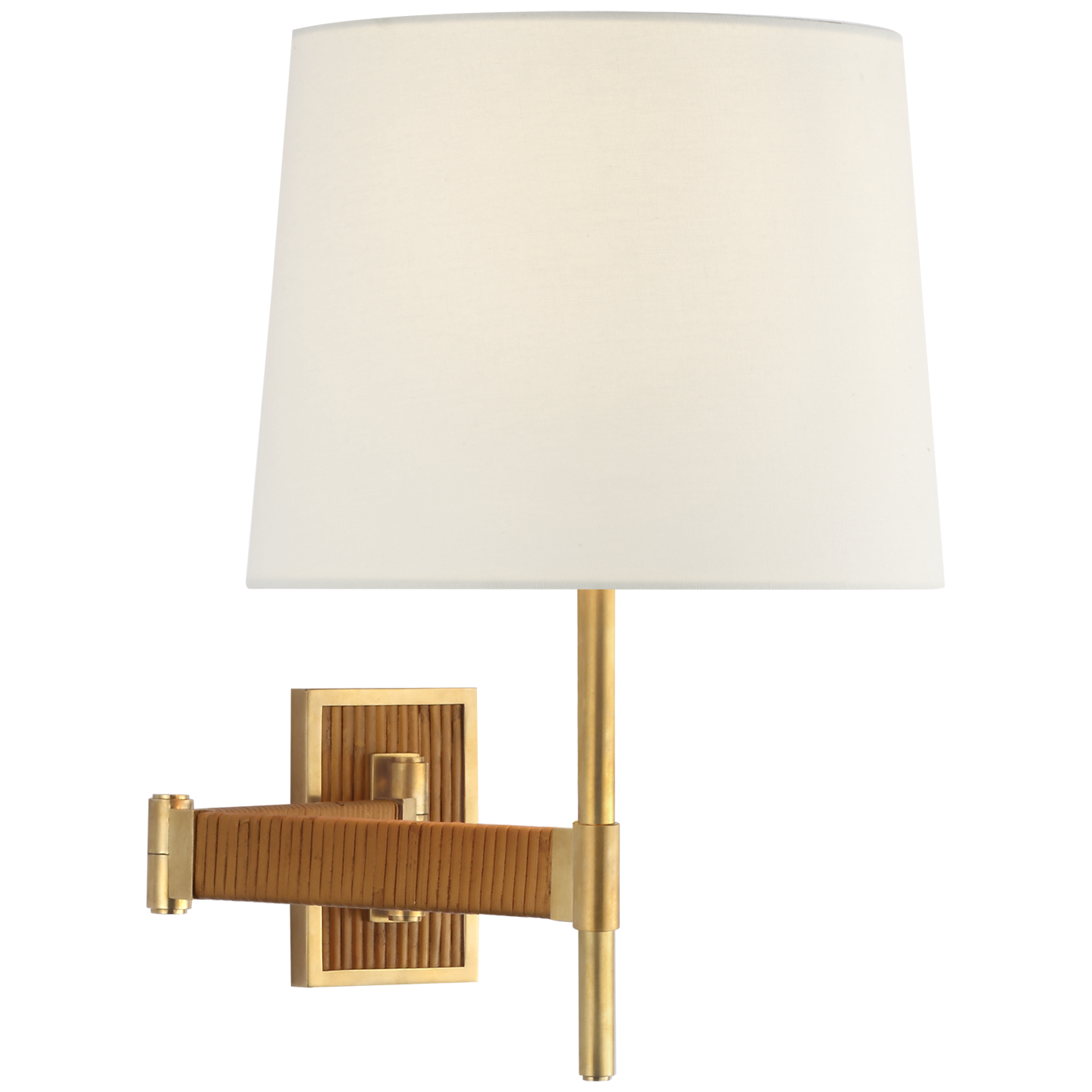 The Elle by Suzanne Kasler combines the familiar with formal. Elegant metalwork in antique brass or polished nickel is partially wrapped with rattan, creating unique interplay between the two materials. Slender linen shades complete the pieces and cast a warm glow over tables or down any hallway.