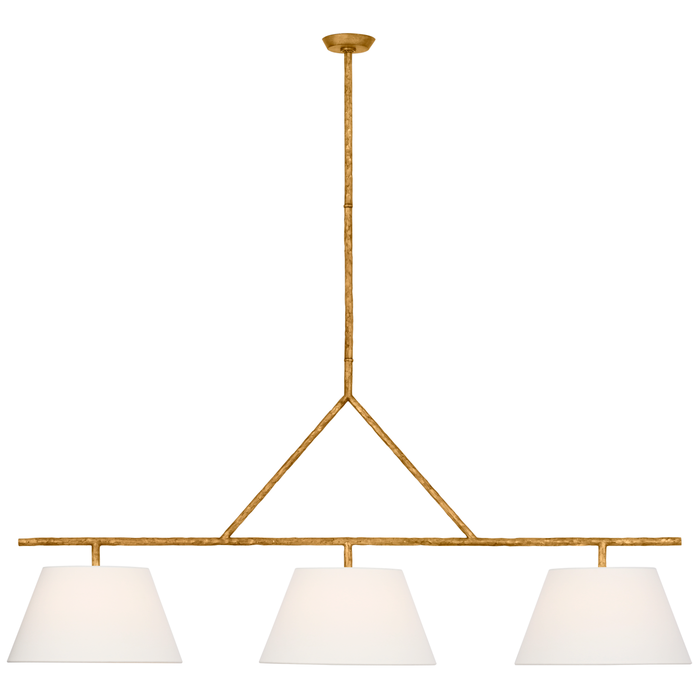 Collette 70" Linear Chandelier in Gilded Iron with Linen Shades