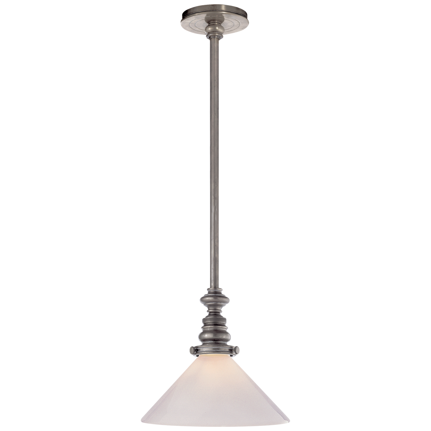 Boston Pendant in Antique Nickel with White Glass Slant Shade Open Box