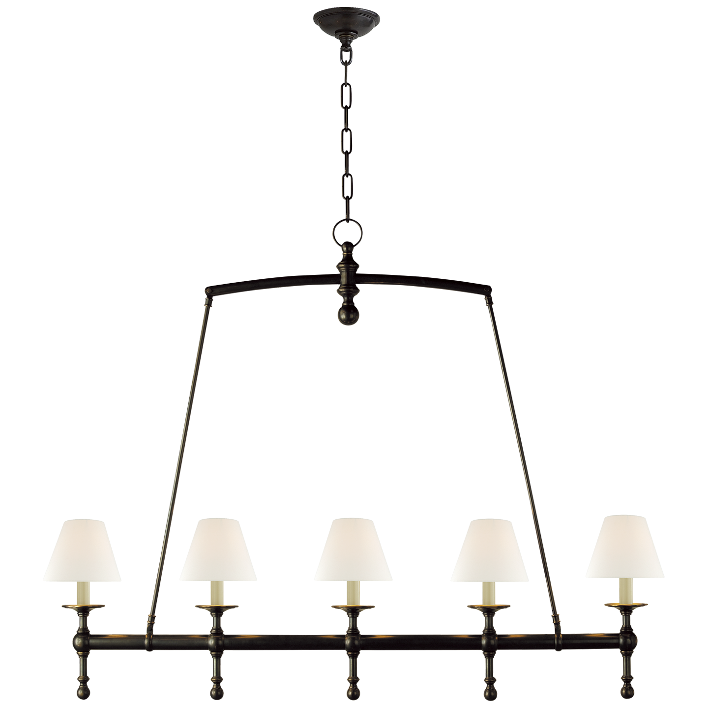 Classic Linear Chandelier in Bronze with Linen Shades Open Box