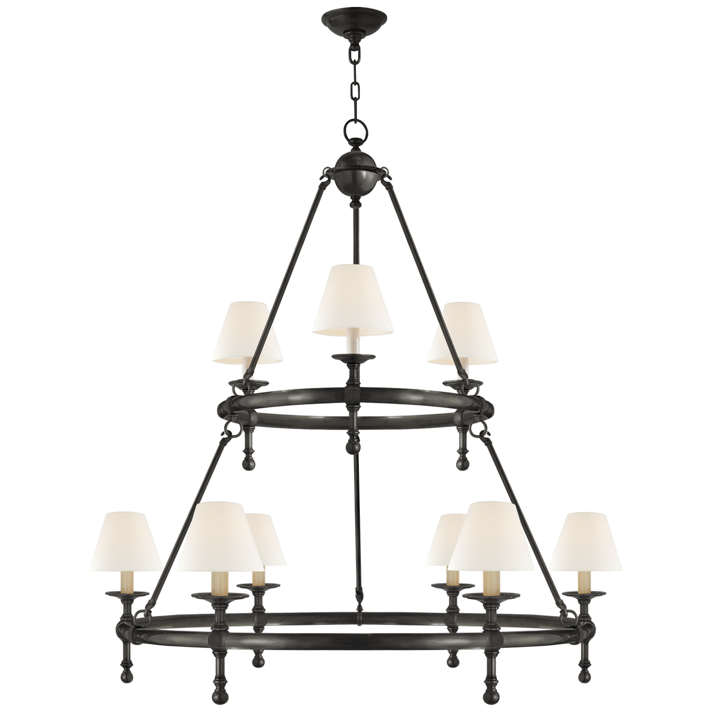 Classic Two-Tier Ring Chandelier in Bronze with Linen Shades Open Box