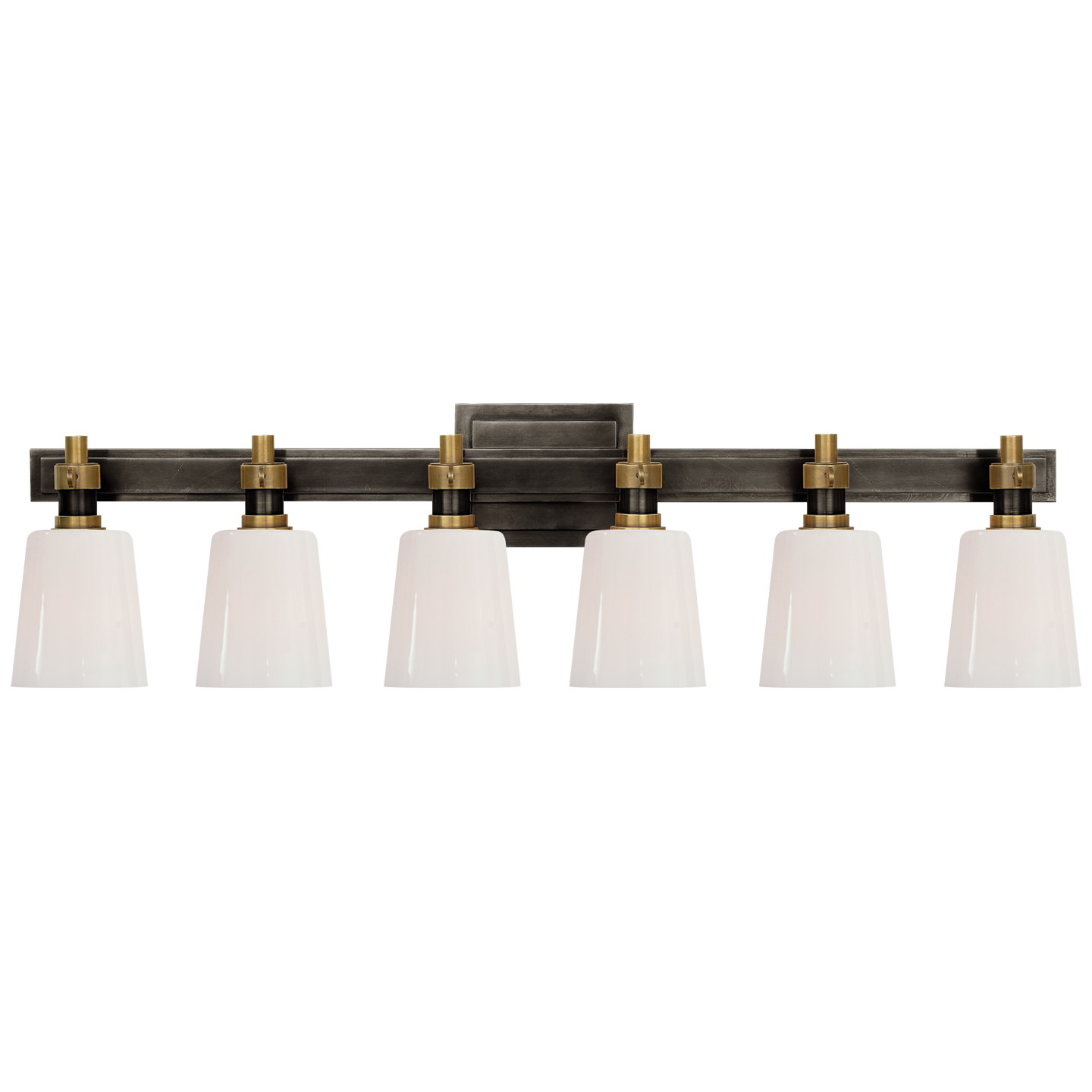 Bryant Six-Light Linear Bath Sconce in Bronze and Hand-Rubbed Antique Brass with White Glass Open Box
