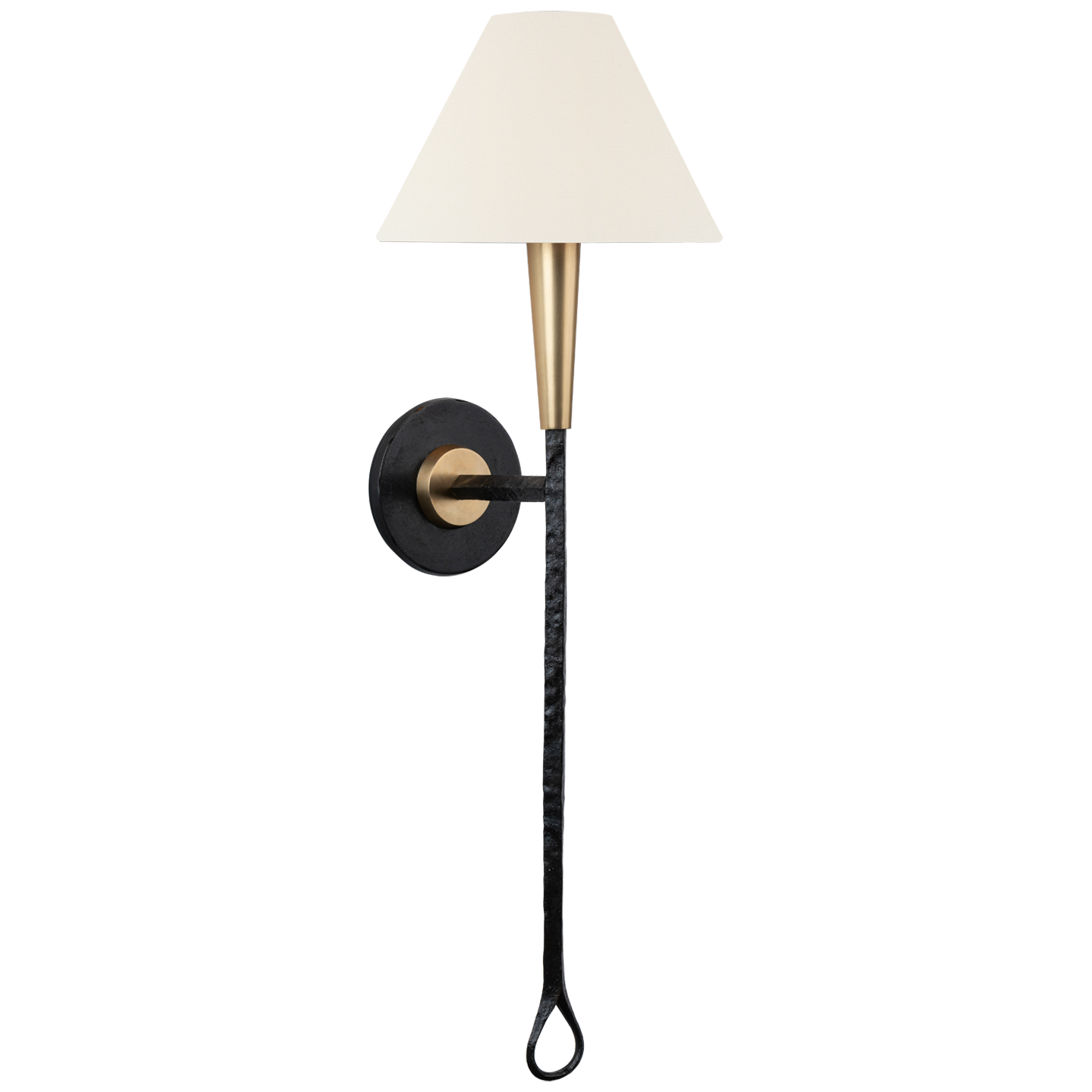 Cavalli 27" Tail Sconce in Aged Iron and Hand-Rubbed Antique Brass with Linen Shade